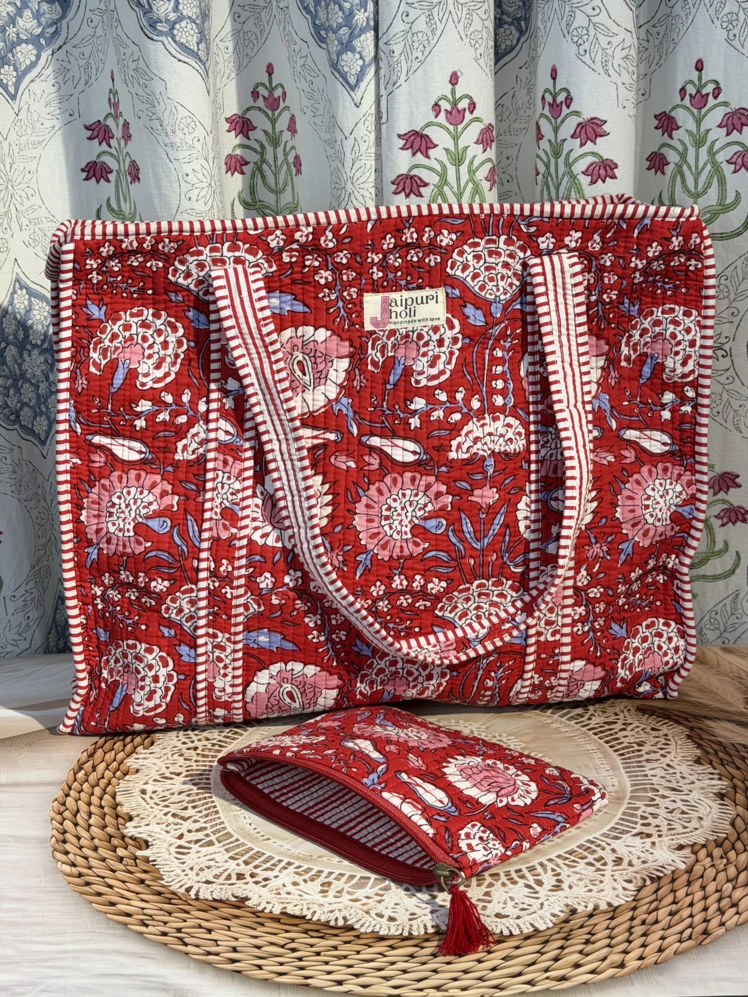 Jaipur block print cotton quilted large tote bag with matching flat pouch, red floral print, 18×18×6 inch tote with 9×7 inch flat pouch for cosmetics, stationery and small essentials side view