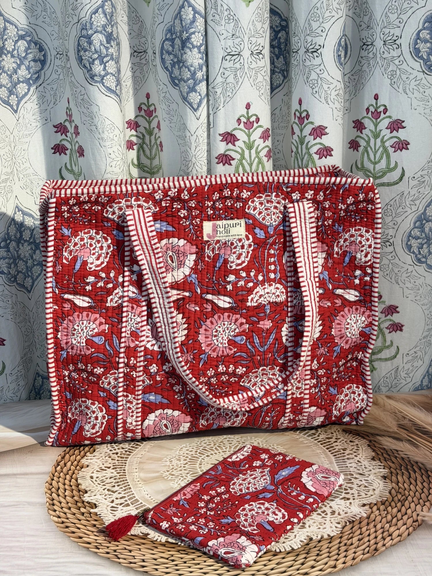 Jaipur block print cotton quilted large tote bag with matching flat pouch, red floral print, 18×18×6 inch tote with 9×7 inch flat pouch for cosmetics, stationery and small essentials back view