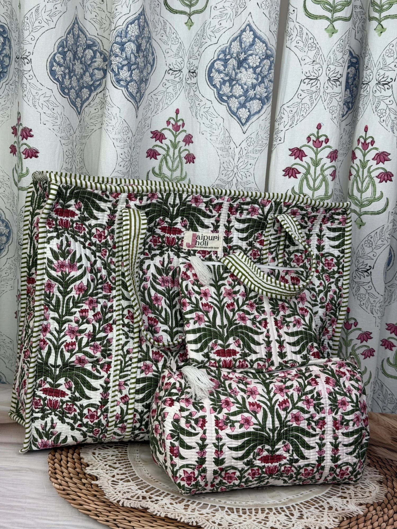 Jaipur block print cotton quilted large zip tote bag with matching toiletry pouch and flat pouch, pink floral and green leaf print, 18 × 18 × 6 inch tote, 10 × 6 inch toiletry pouch and 9 × 7 inch flat pouch interior view