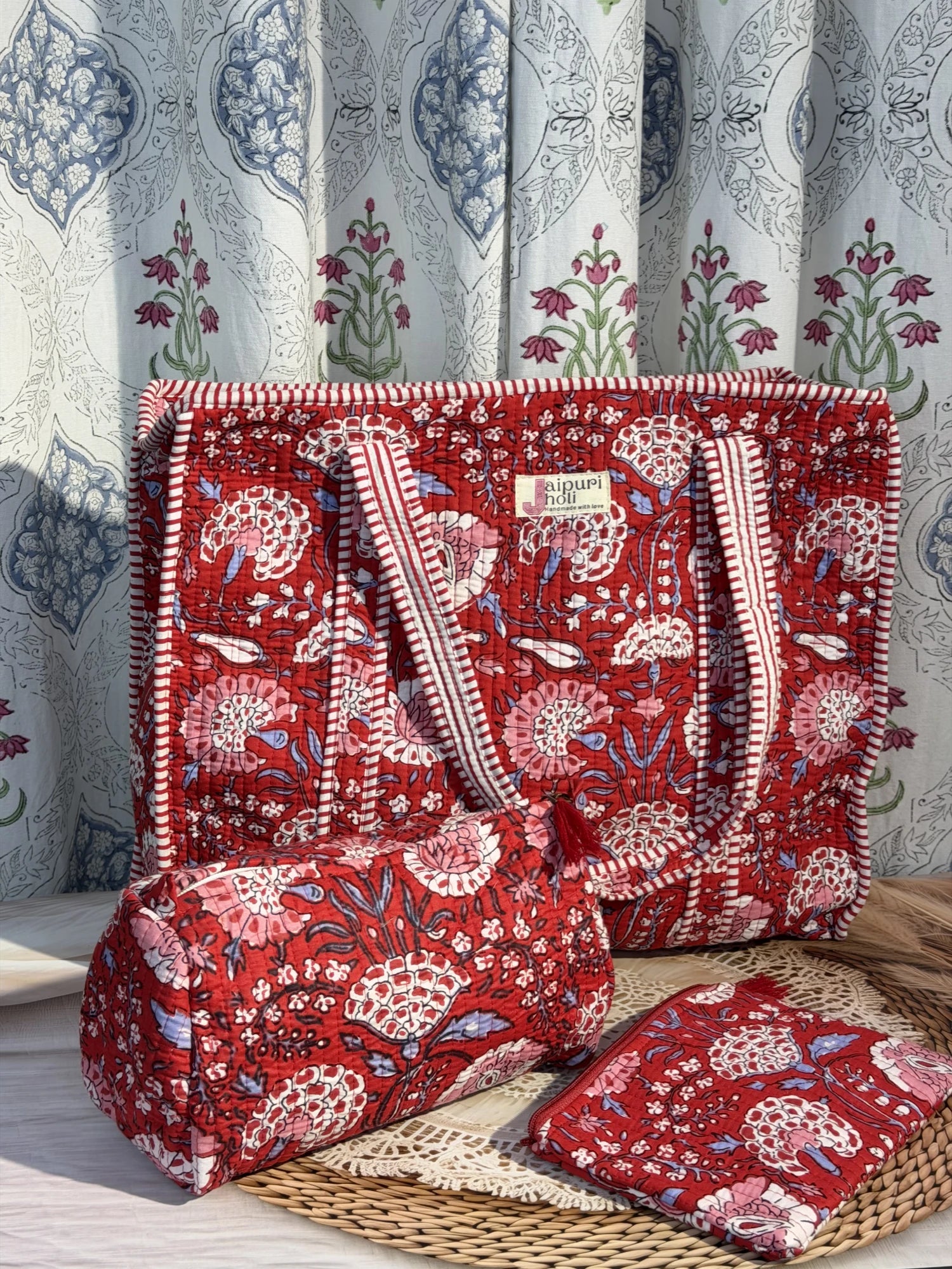 Jaipur block print cotton quilted large zip tote bag with matching toiletry pouch and flat pouch, red floral print, 18 × 18 × 6 inch tote, 10 × 6 inch toiletry pouch and 9 × 7 inch flat pouch interior view