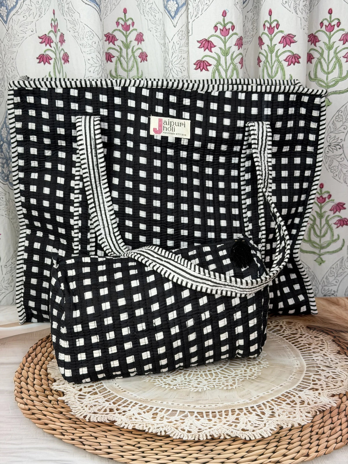 Jaipur block print cotton quilted large tote bag with matching pouch, black and white geometric check print, 18x18x6 inch tote with 10x6 inch pouch for organizing toiletries, cosmetics and medicines, perfect for travel essentials front view