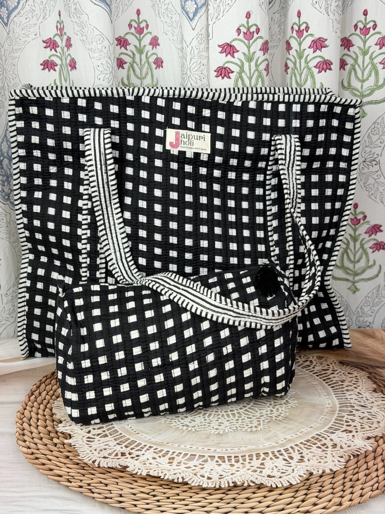 Jaipur block print cotton quilted large tote bag with matching pouch, black and white geometric check print, 18x18x6 inch tote with 10x6 inch pouch for organizing toiletries, cosmetics and medicines, perfect for travel essentials front view