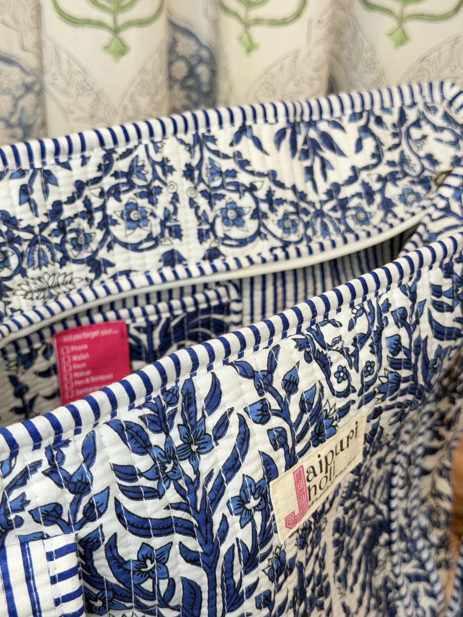 Jaipur block print cotton quilted large tote bag with matching pouch, blue floral and leaf print, 18x18x6 inch tote with 10x6 inch pouch for keeping cosmetics, medicines and toiletries organized interior view