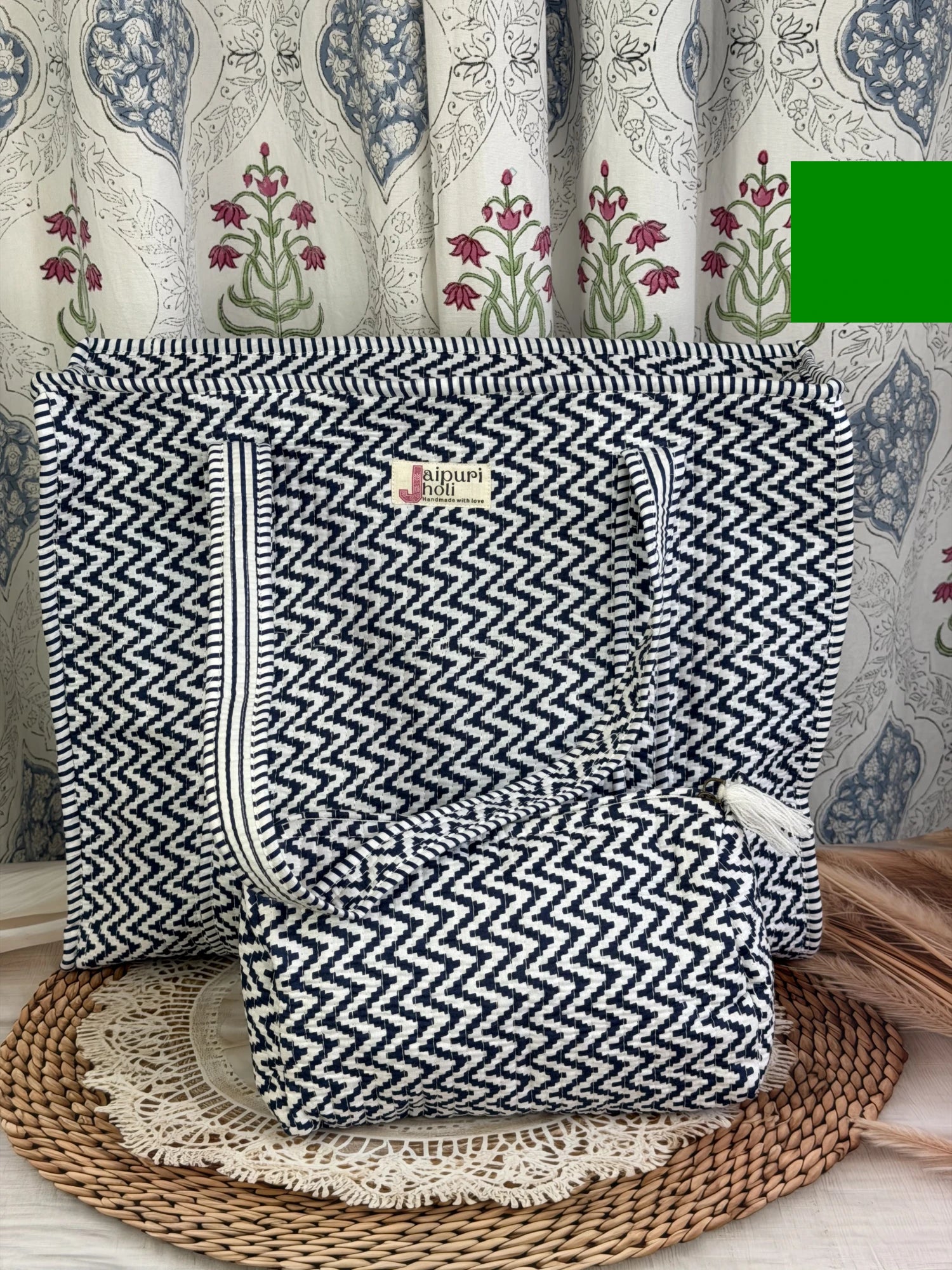Jaipur block print cotton quilted large tote bag with matching pouch, blue and white geometric zigzag print, 18x18x6 inch tote with 10x6 inch pouch to keep toiletries, cosmetics and medicines neatly organized during travel front view