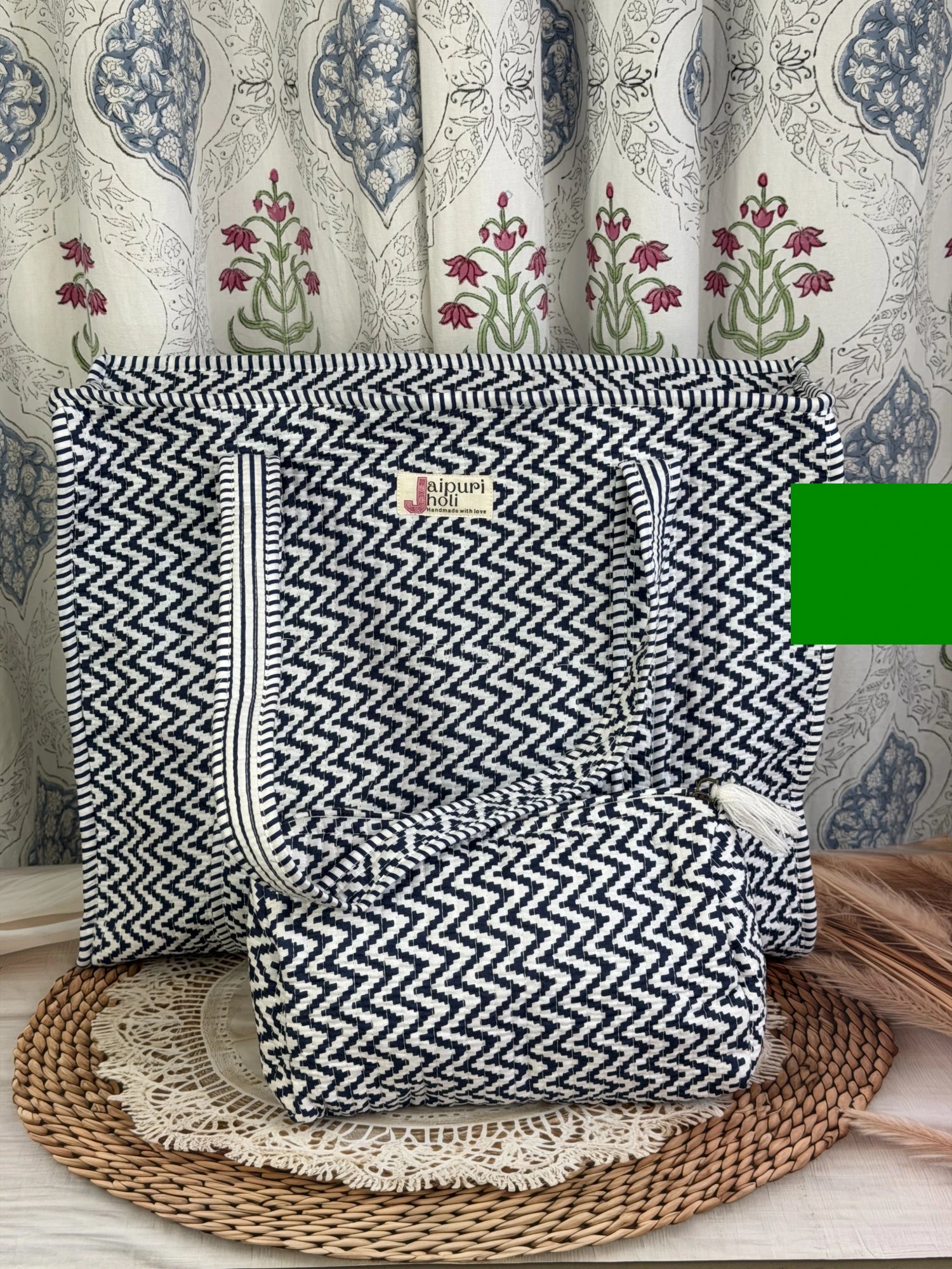 Jaipur block print cotton quilted large tote bag with matching pouch, blue and white geometric zigzag print, 18x18x6 inch tote with 10x6 inch pouch to keep toiletries, cosmetics and medicines neatly organized during travel side view