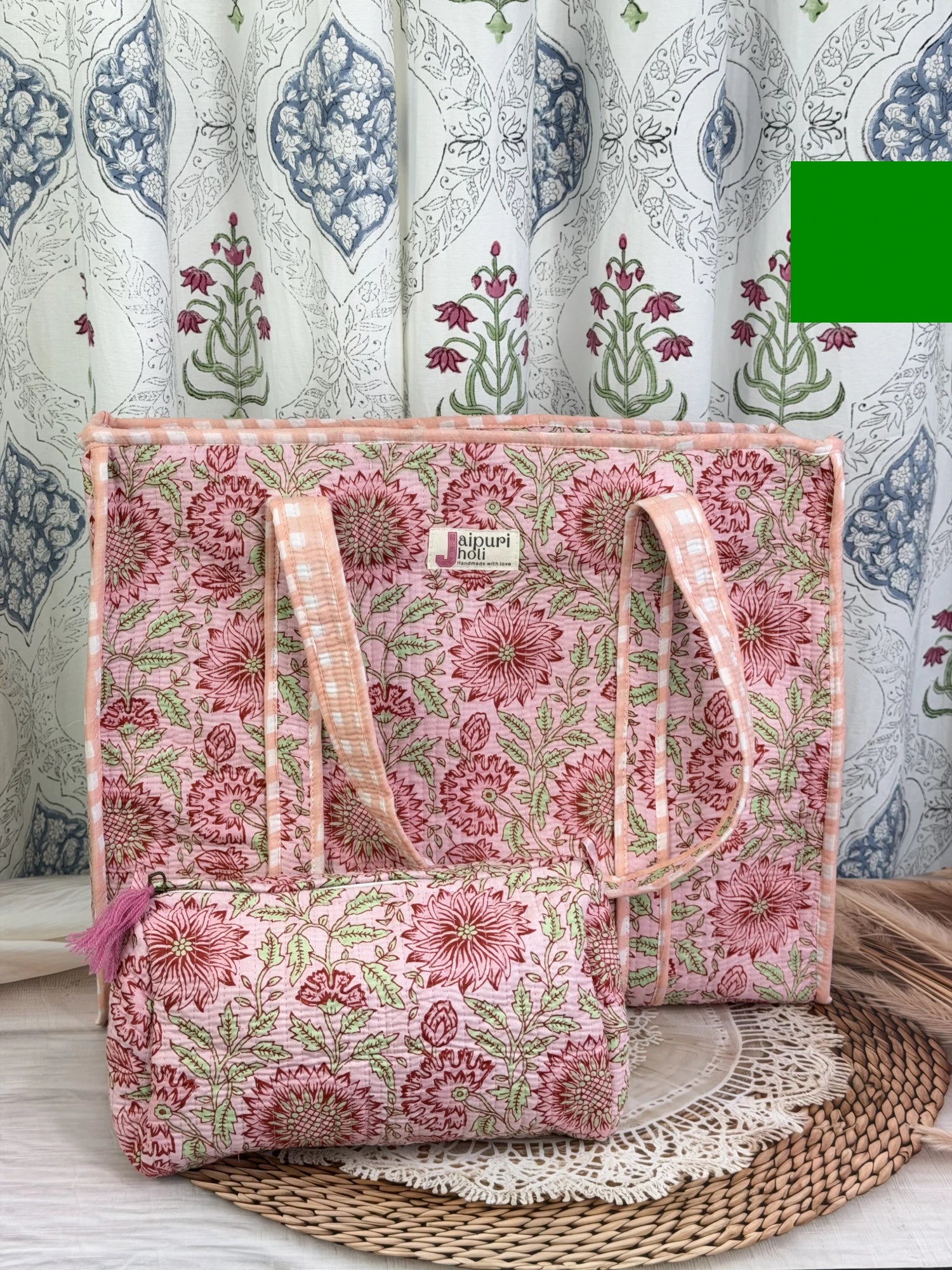 Jaipur block print cotton quilted large tote bag with matching pouch, peach and pink floral print, 18x18x6 inch tote with 10x6 inch pouch for keeping toiletries and cosmetics in one place interior view