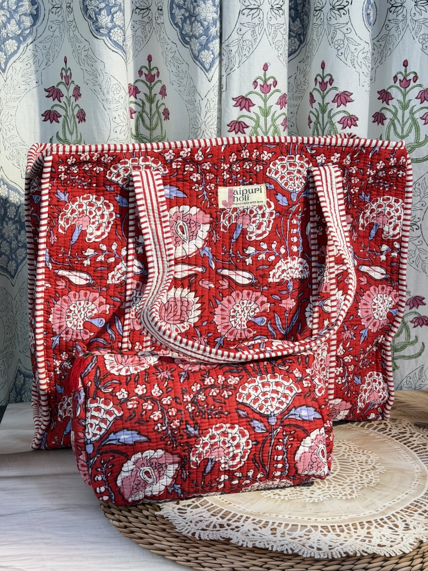 Jaipur block print cotton quilted large tote bag with matching pouch, red floral print, 18x18x6 inch tote with 10x6 inch pouch for organizing cosmetics, medicines and small essentials front view