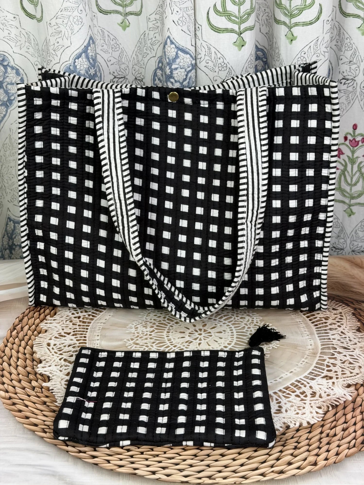 Jaipur block print cotton quilted medium reversible tote bag with matching flat pouch, black and white geometric check print, 15 × 12 × 6 inch tote and 9 × 7 inch flat pouch for daily use, office and travel front view