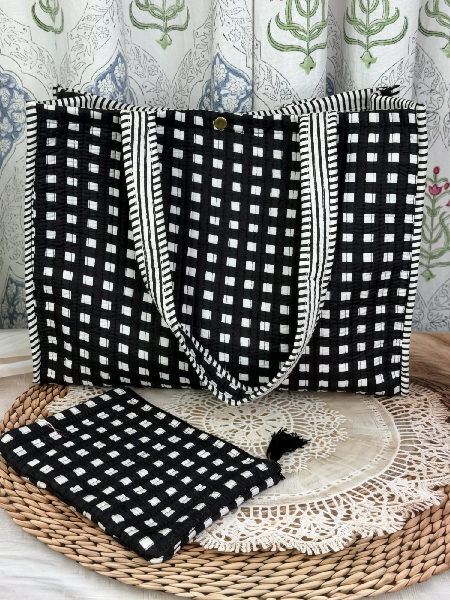 Jaipur block print cotton quilted medium reversible tote bag with matching flat pouch, black and white geometric check print, 15 × 12 × 6 inch tote and 9 × 7 inch flat pouch for daily use, office and travel side view