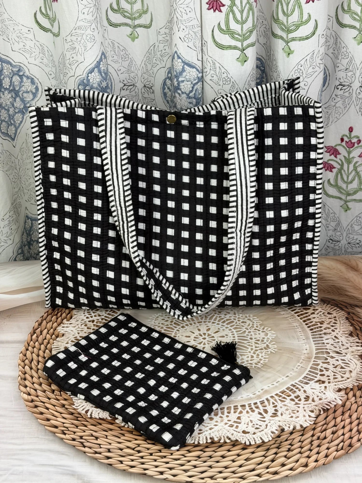 Jaipur block print cotton quilted medium reversible tote bag with matching flat pouch, black and white geometric check print, 15 × 12 × 6 inch tote and 9 × 7 inch flat pouch for daily use, office and travel back view