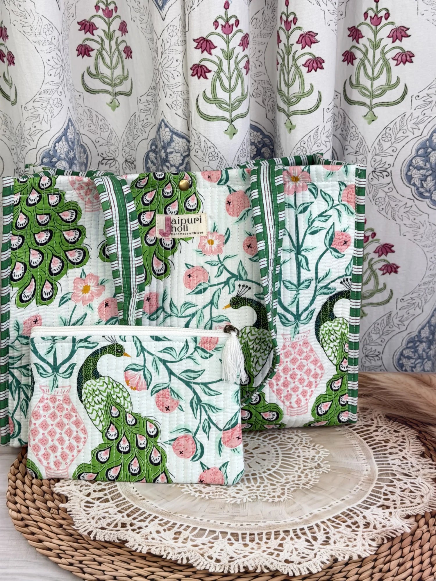 Jaipur block print cotton quilted medium reversible tote bag with matching flat pouch, blue floral and leaf print, 15 × 12 × 6 inch tote and 9 × 7 inch flat pouch for daily use and travel front  view