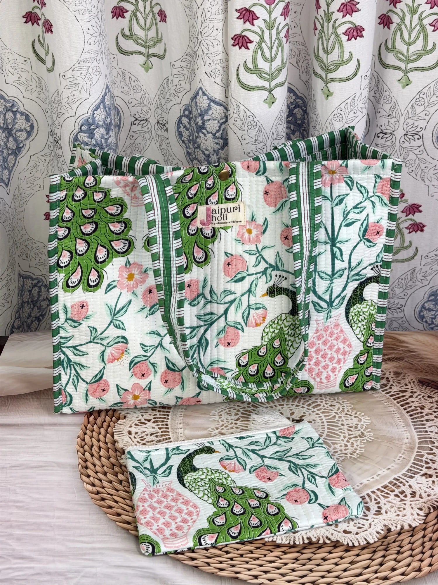 Jaipur block print cotton quilted medium reversible tote bag with matching flat pouch, blue floral and leaf print, 15 × 12 × 6 inch tote and 9 × 7 inch flat pouch for daily use and travel interior view
