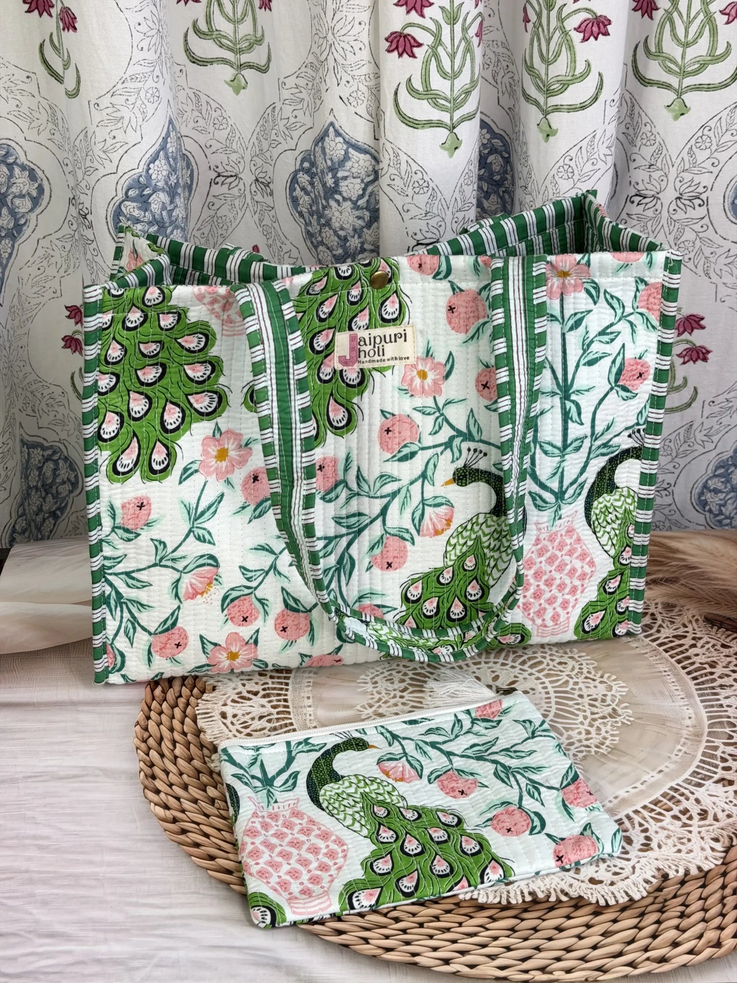 Jaipur block print cotton quilted medium reversible tote bag with matching flat pouch, blue floral and leaf print, 15 × 12 × 6 inch tote and 9 × 7 inch flat pouch for daily use and travel close-up view