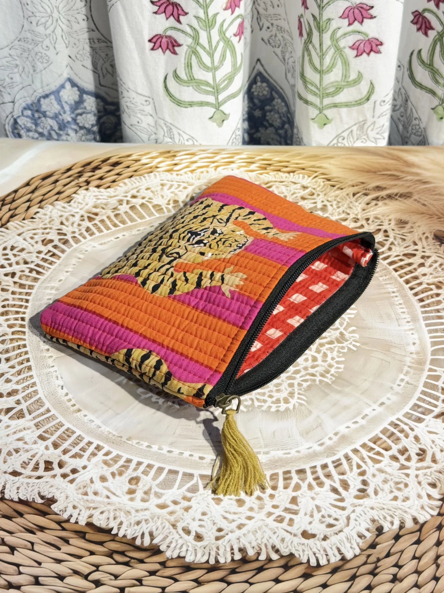 Jaipur block print cotton quilted medium reversible tote bag with matching flat pouch, orange and pink tiger animal print, 15 × 12 × 6 inch tote and 9 × 7 inch flat pouch for office, travel and daily use close-up view