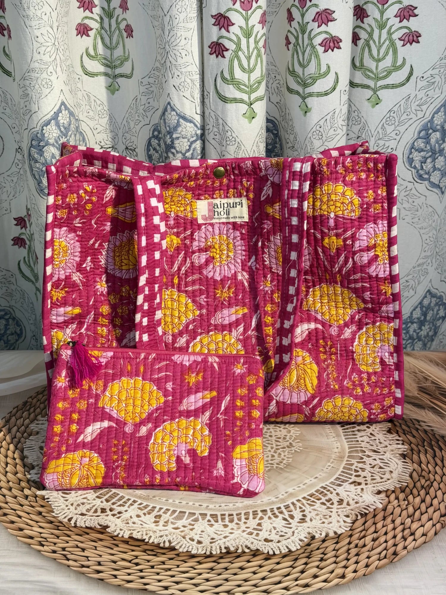 Jaipur block print cotton quilted medium reversible tote bag with matching flat pouch, pink floral print, 15 × 12 × 6 inch tote and 9 × 7 inch flat pouch for office, travel and daily use interior view