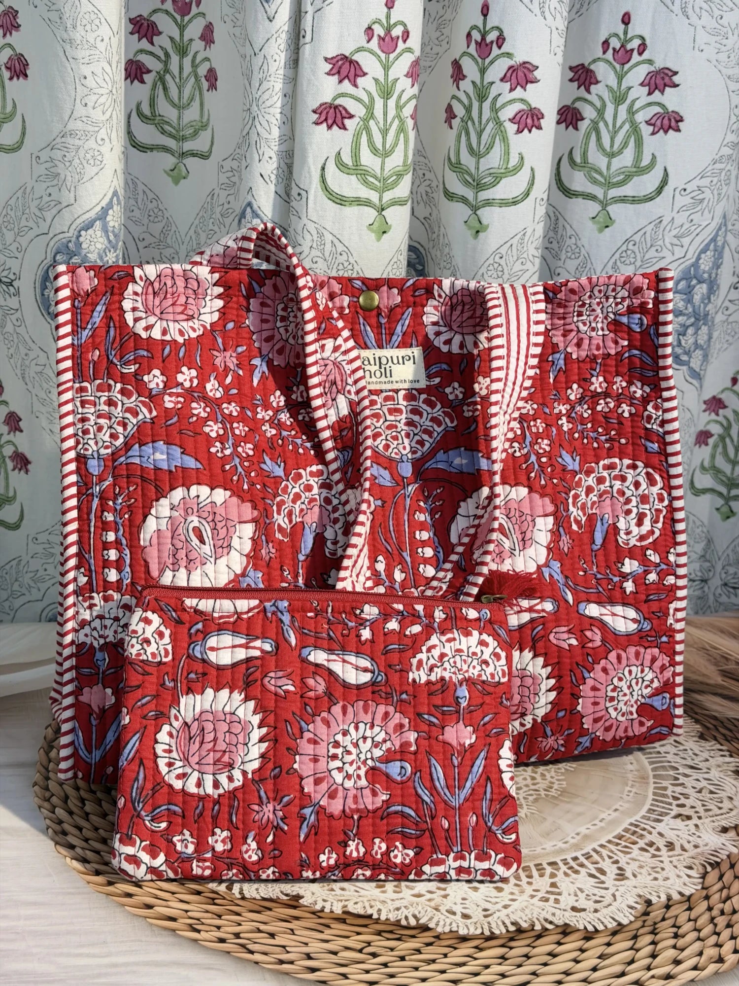 Jaipur block print cotton quilted medium reversible tote bag with matching flat pouch, red floral print, 15 × 12 × 6 inch tote and 9 × 7 inch flat pouch for office, holidays and everyday use front view