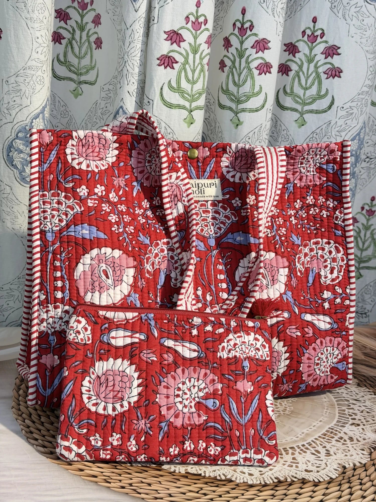 Jaipur block print cotton quilted medium reversible tote bag with matching flat pouch, red floral print, 15 × 12 × 6 inch tote and 9 × 7 inch flat pouch for office, holidays and everyday use side view