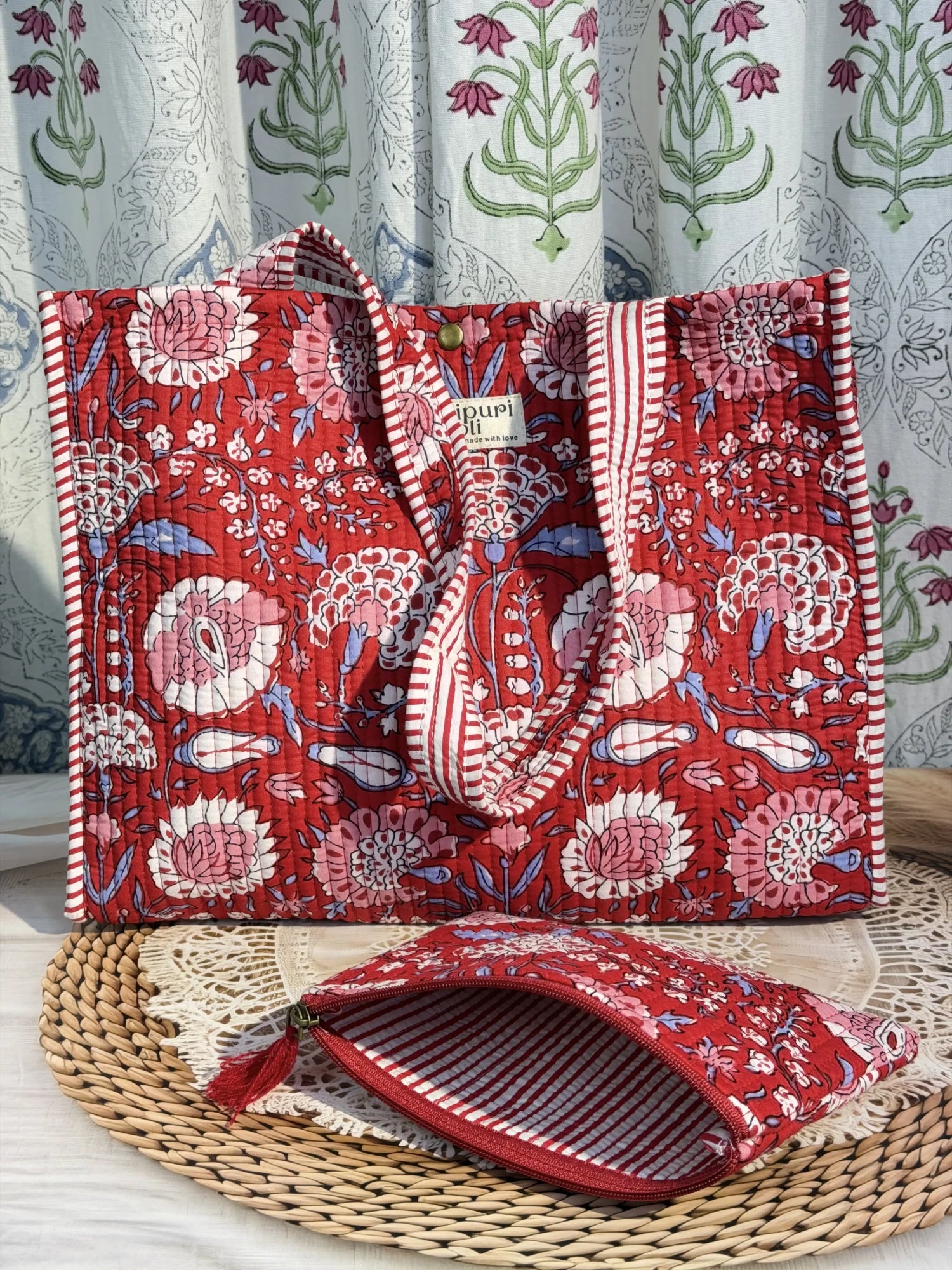 Jaipur block print cotton quilted medium reversible tote bag with matching flat pouch, red floral print, 15 × 12 × 6 inch tote and 9 × 7 inch flat pouch for office, holidays and everyday use back view