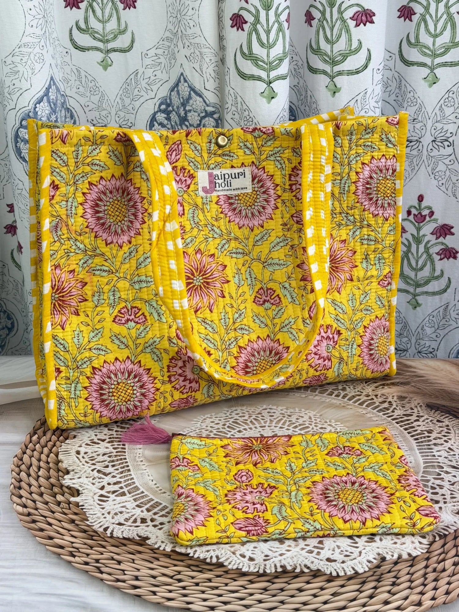Jaipur block print cotton quilted medium reversible tote bag with matching flat pouch, yellow floral print, 15 × 12 × 6 inch tote and 9 × 7 inch flat pouch for daily use, travel and shopping  back  view