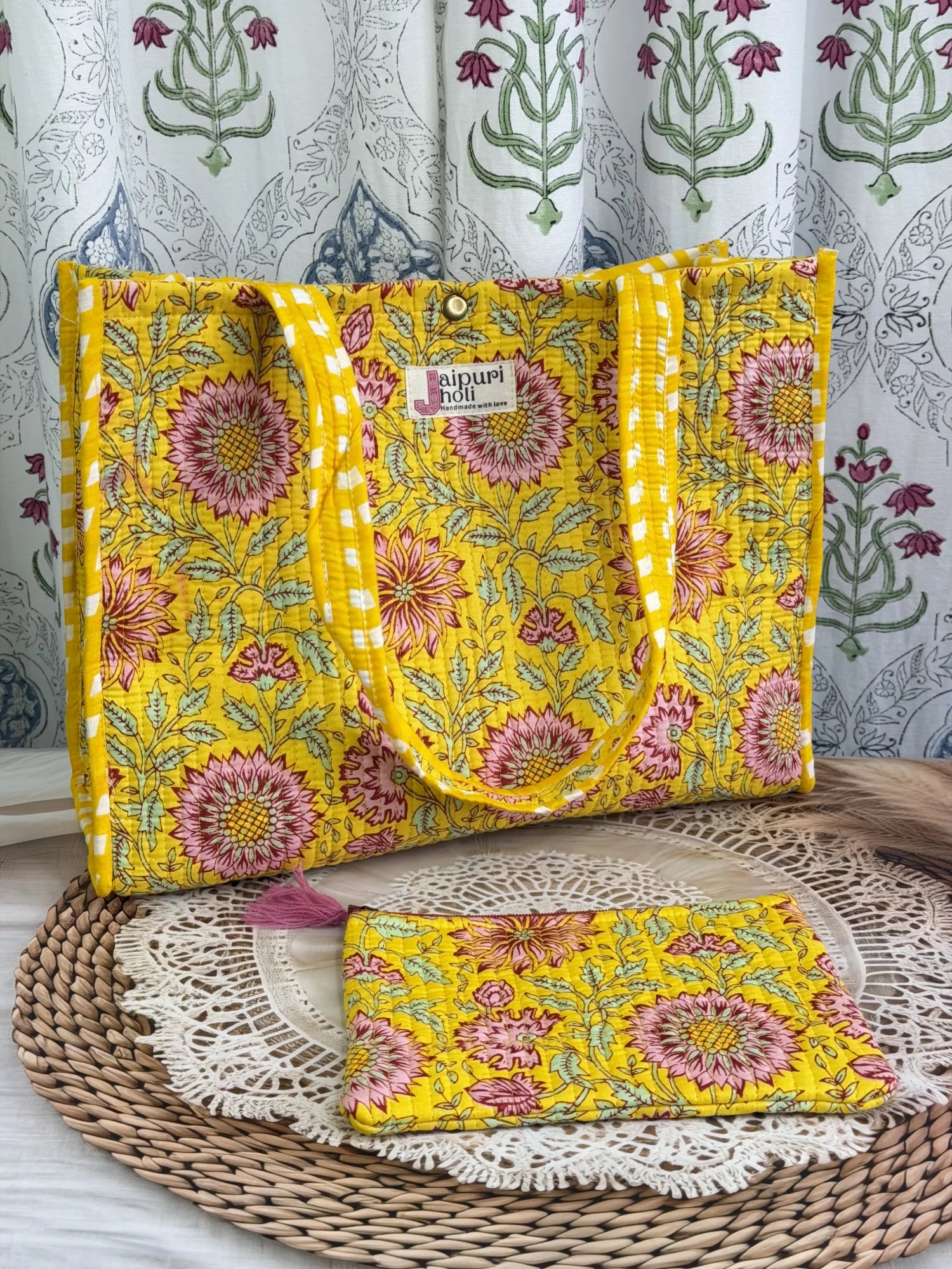 Jaipur block print cotton quilted medium reversible tote bag with matching flat pouch, yellow floral print, 15 × 12 × 6 inch tote and 9 × 7 inch flat pouch for daily use, travel and shopping iterior view