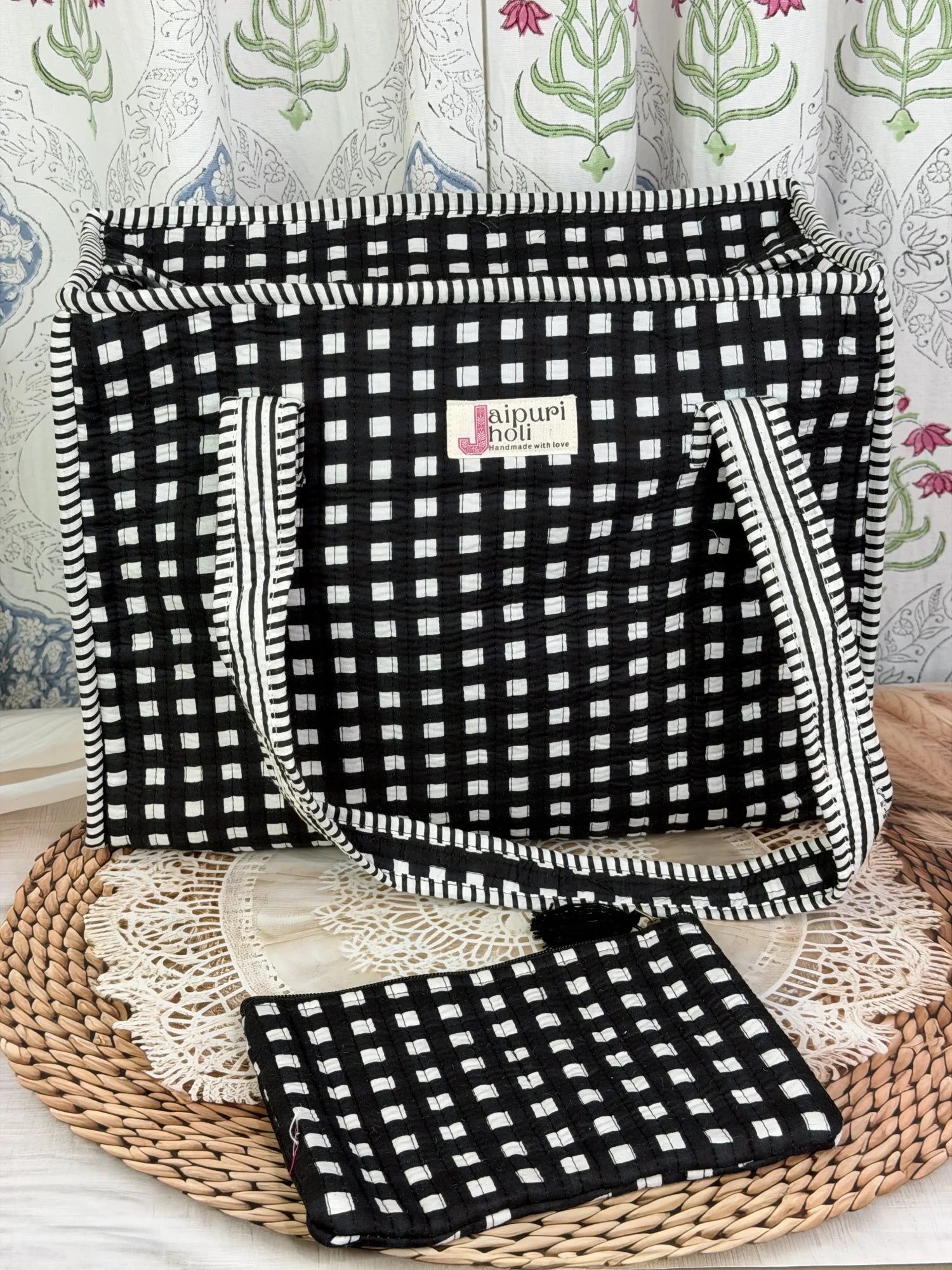 Jaipur block print cotton quilted medium zip tote bag with matching flat pouch, black and white geometric check print, 15 × 12 × 6 inch tote with 9 × 7 inch flat pouch for office, travel and daily use side view