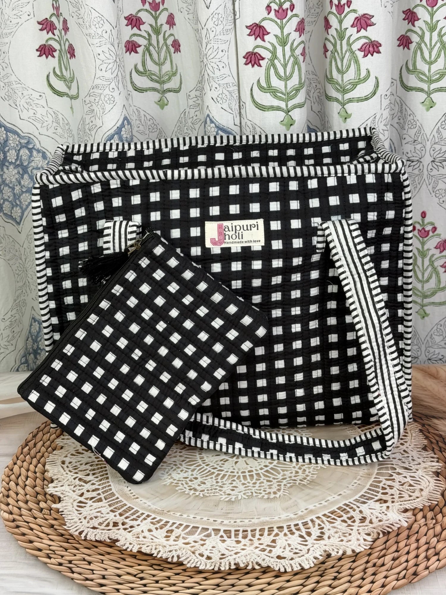 Jaipur block print cotton quilted medium zip tote bag with matching flat pouch, black and white geometric check print, 15 × 12 × 6 inch tote with 9 × 7 inch flat pouch for office, travel and daily use front view