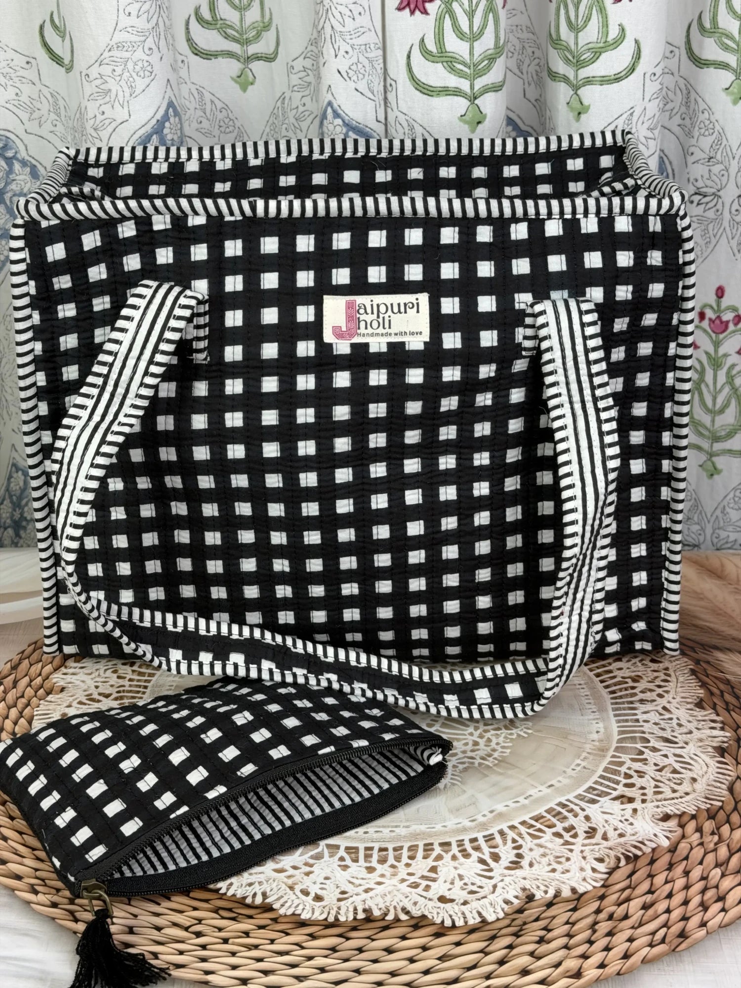 Jaipur block print cotton quilted medium zip tote bag with matching flat pouch, black and white geometric check print, 15 × 12 × 6 inch tote with 9 × 7 inch flat pouch for office, travel and daily use back view