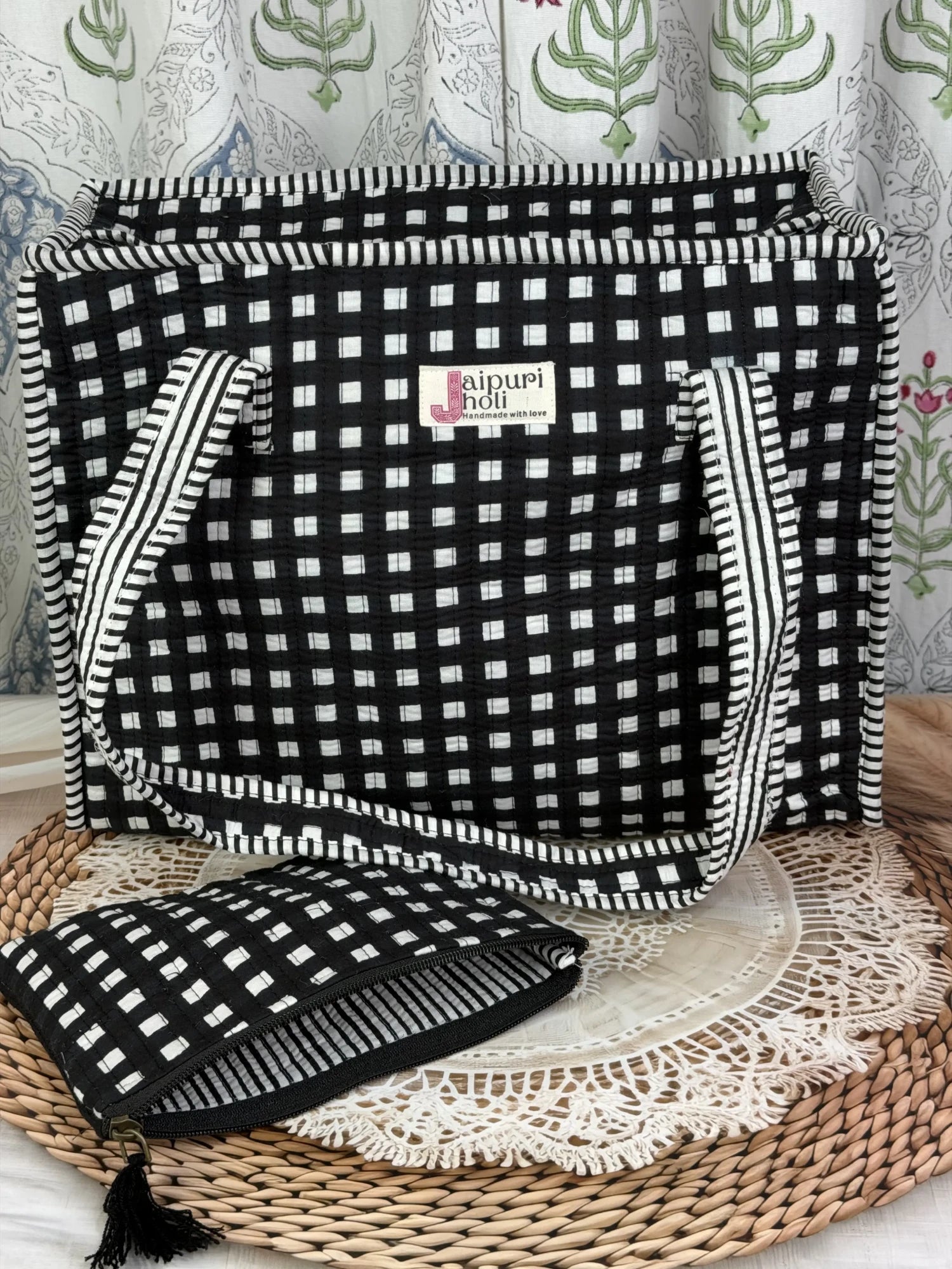 Jaipur block print cotton quilted medium zip tote bag with matching flat pouch, black and white geometric check print, 15 × 12 × 6 inch tote with 9 × 7 inch flat pouch for office, travel and daily use interior view