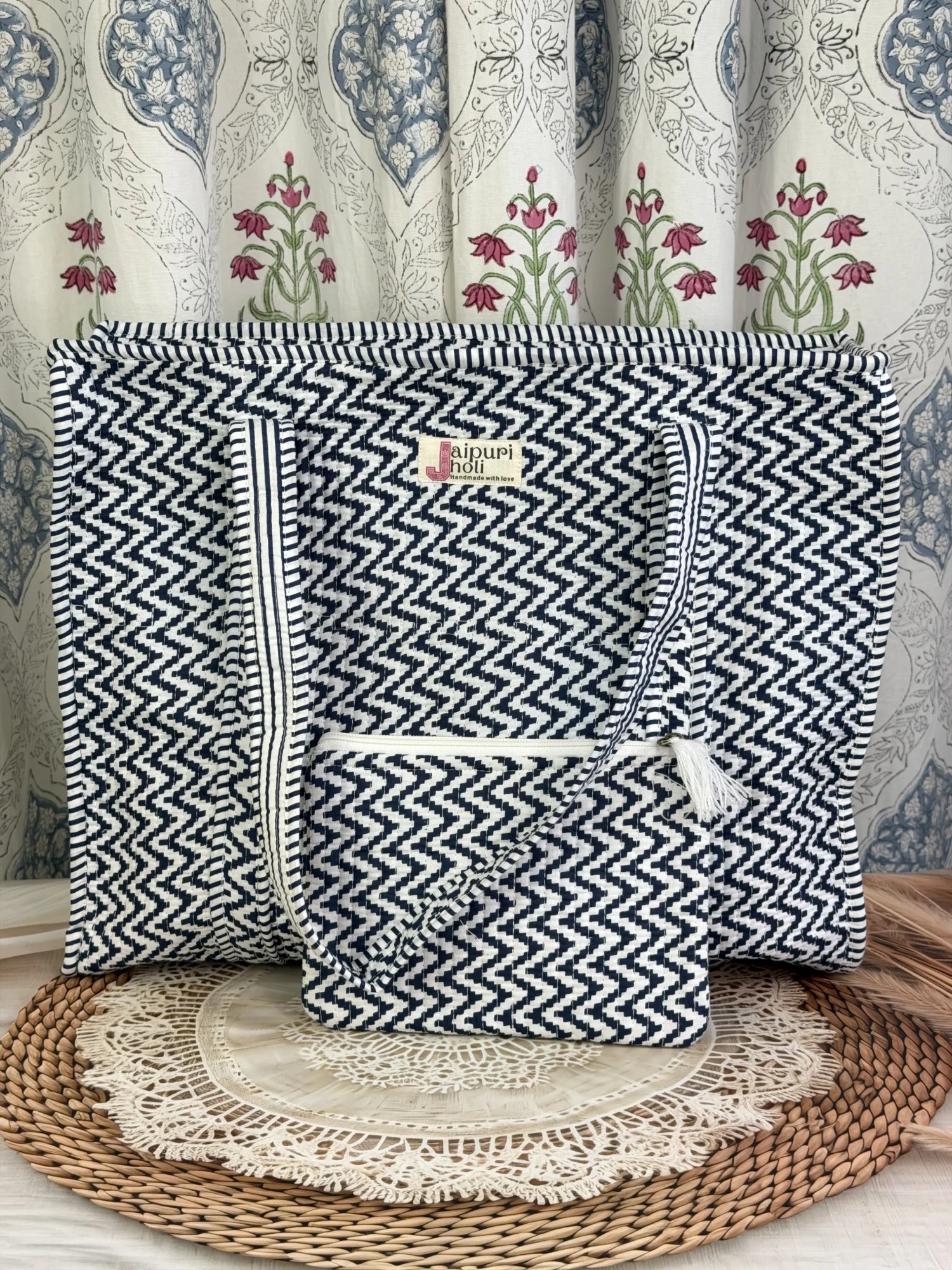 Jaipur block print cotton quilted medium zip tote bag with matching flat pouch, blue and white geometric zigzag print, 15 × 12 × 6 inch tote with 9 × 7 inch flat pouch for office, travel and daily use front view