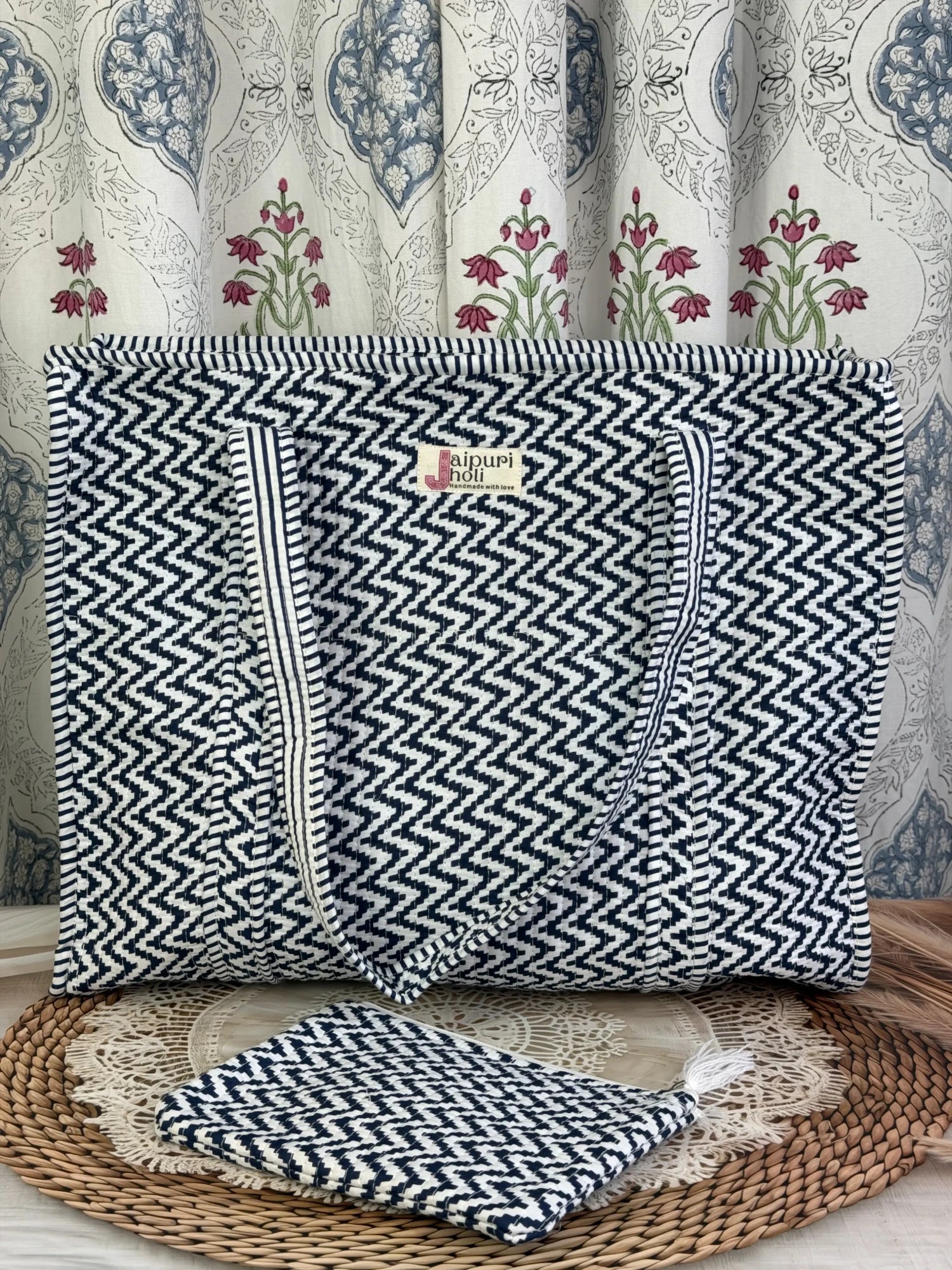 Jaipur block print cotton quilted medium zip tote bag with matching flat pouch, blue and white geometric zigzag print, 15 × 12 × 6 inch tote with 9 × 7 inch flat pouch for office, travel and daily use back view