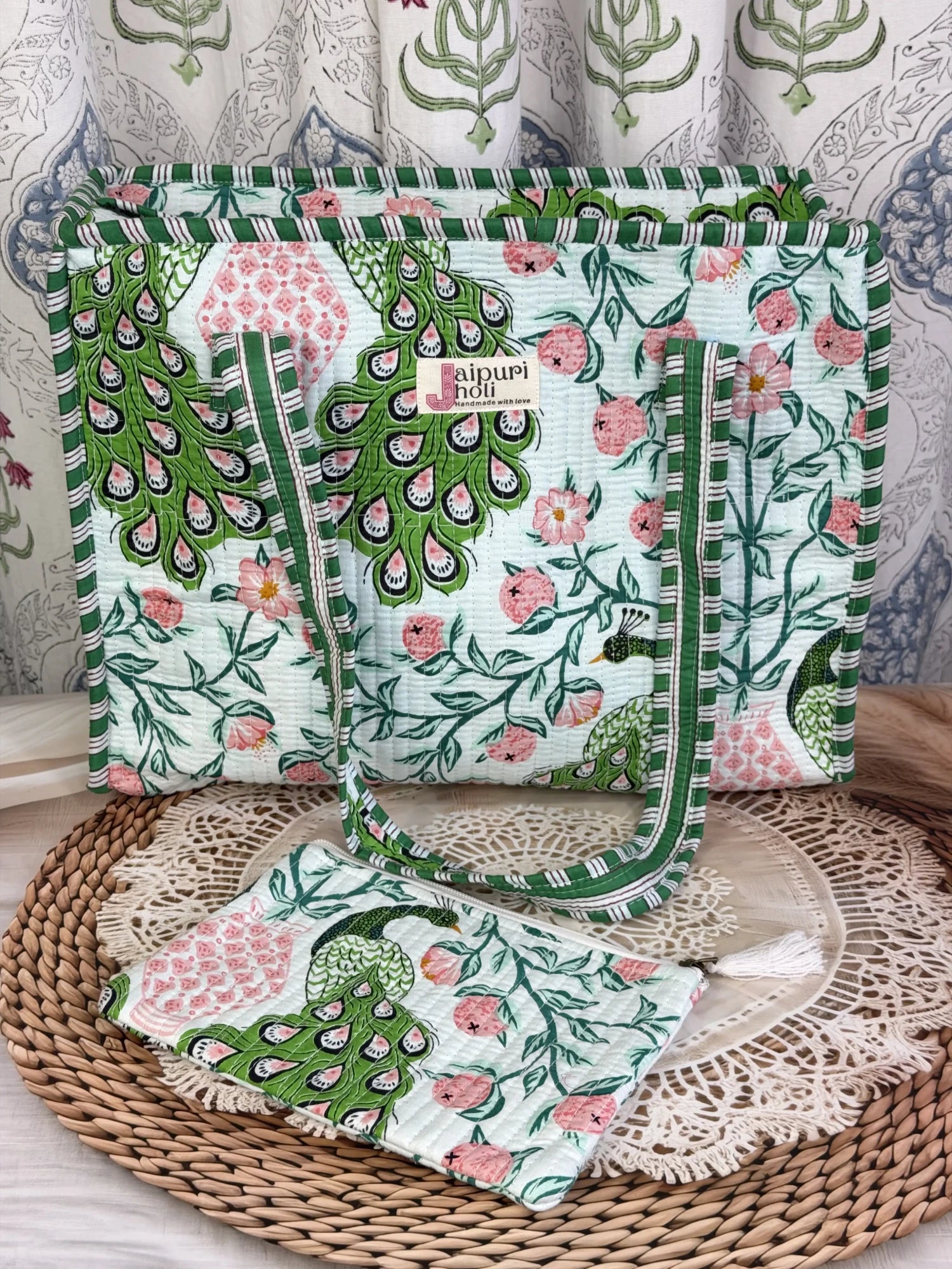 Jaipur block print cotton quilted medium zip tote bag with matching flat pouch, green and pink peacock print, 15 × 12 × 6 inch tote with 9 × 7 inch flat pouch for work, travel and everyday use front view