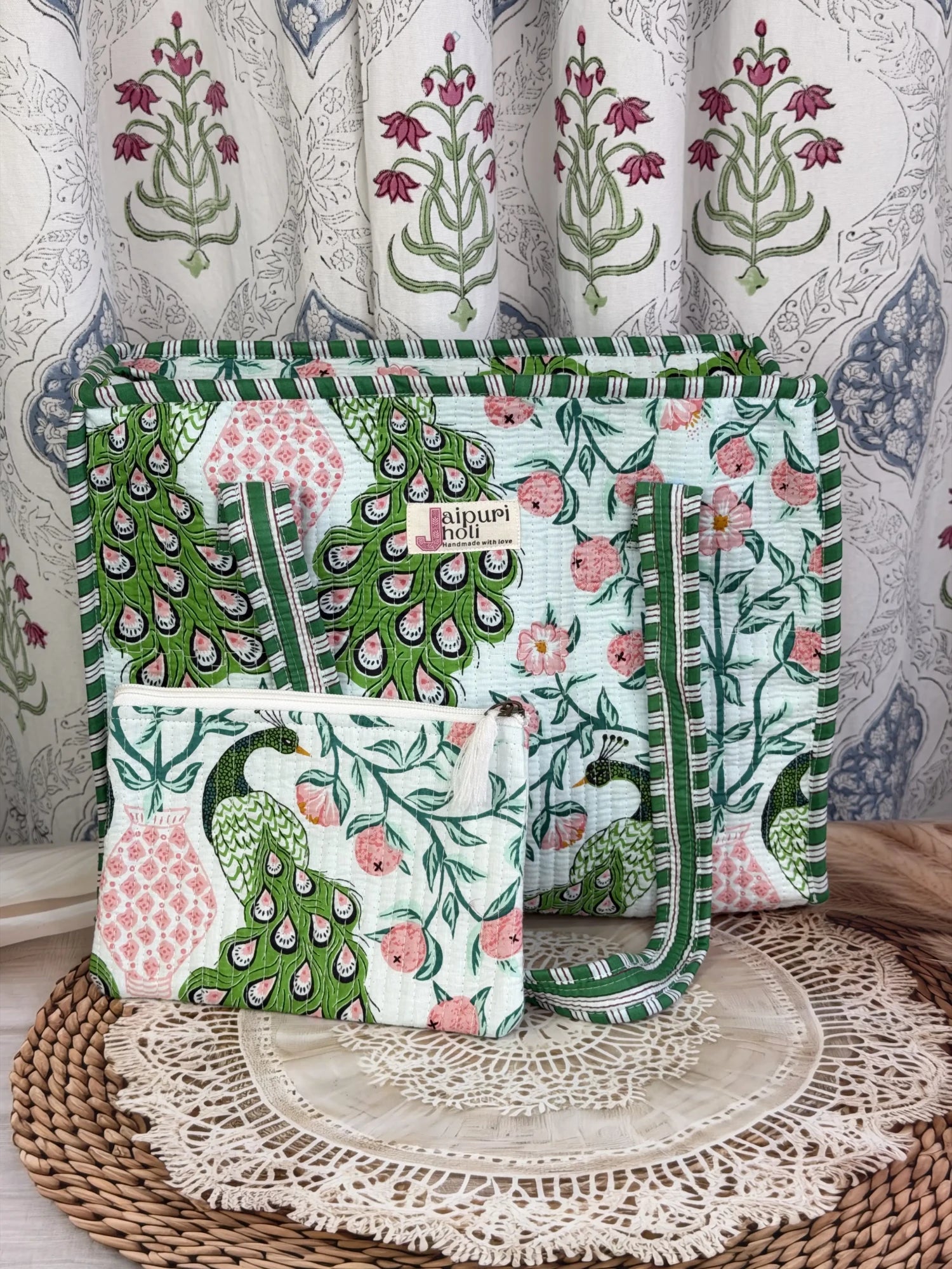 Jaipur block print cotton quilted medium zip tote bag with matching flat pouch, green and pink peacock print, 15 × 12 × 6 inch tote with 9 × 7 inch flat pouch for work, travel and everyday use side view