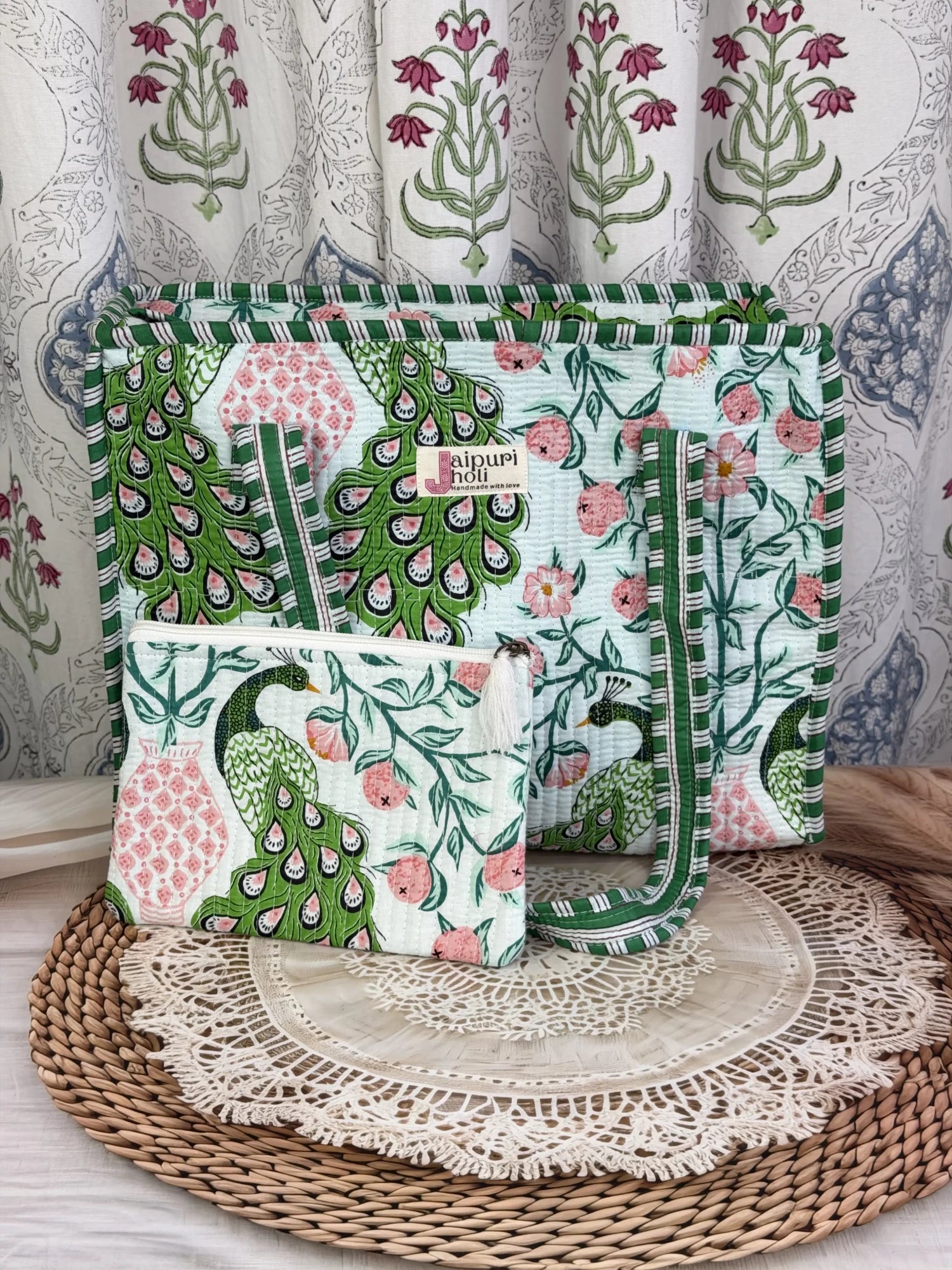 Jaipur block print cotton quilted medium zip tote bag with matching flat pouch, green and pink peacock print, 15 × 12 × 6 inch tote with 9 × 7 inch flat pouch for work, travel and everyday use back view