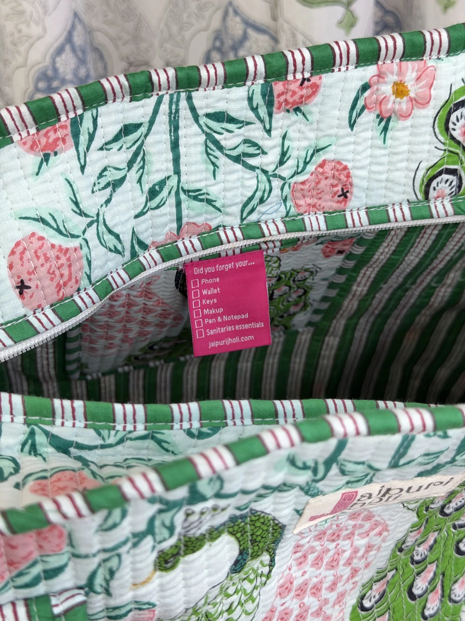 Jaipur block print cotton quilted medium zip tote bag with matching flat pouch, green and pink peacock print, 15 × 12 × 6 inch tote with 9 × 7 inch flat pouch for work, travel and everyday use interior view