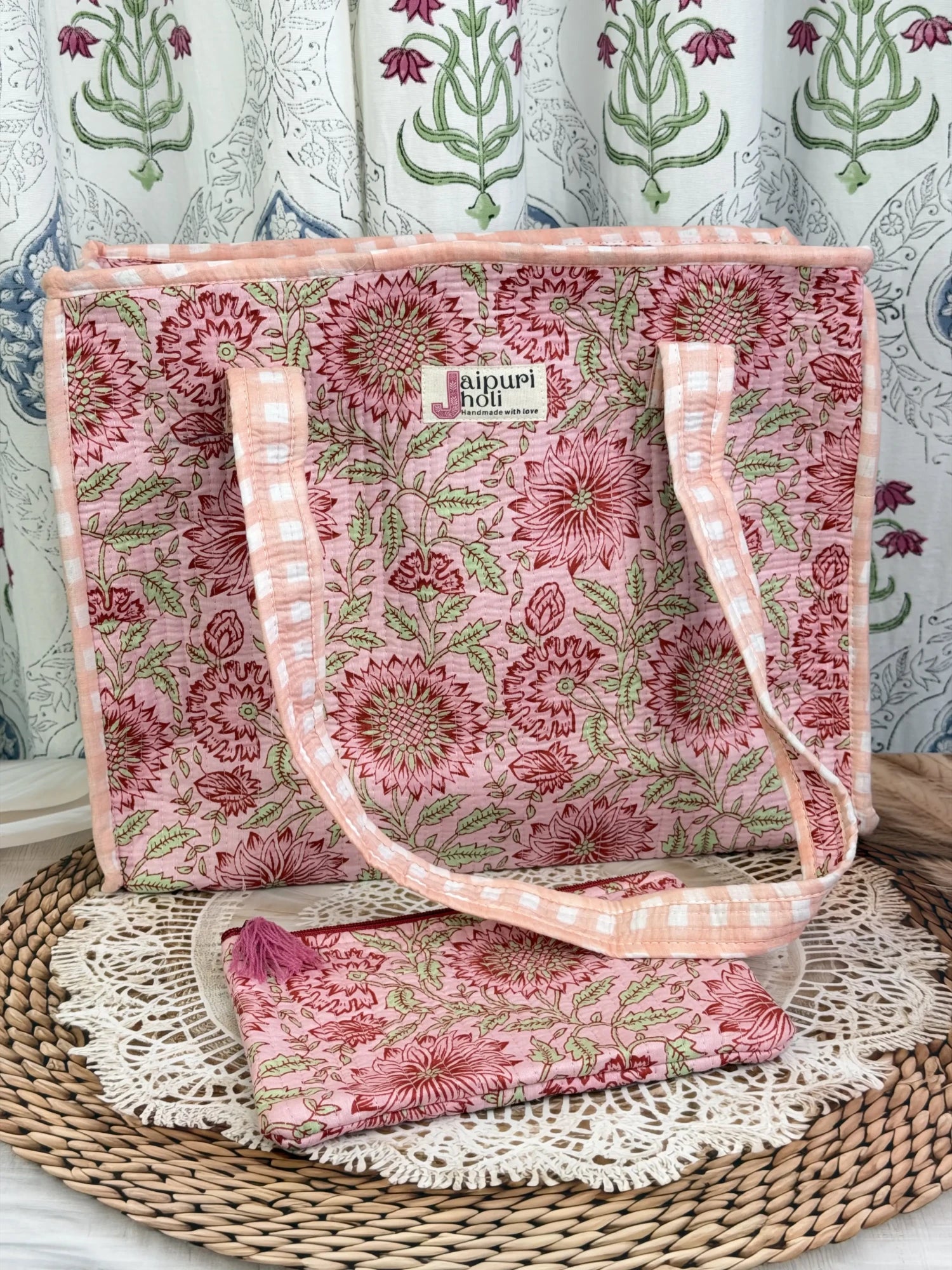 Jaipur block print cotton quilted medium zip tote bag with matching flat pouch, peach and pink floral print, 15 × 12 × 6 inch tote with 9 × 7 inch flat pouch for work, travel and daily use interior view