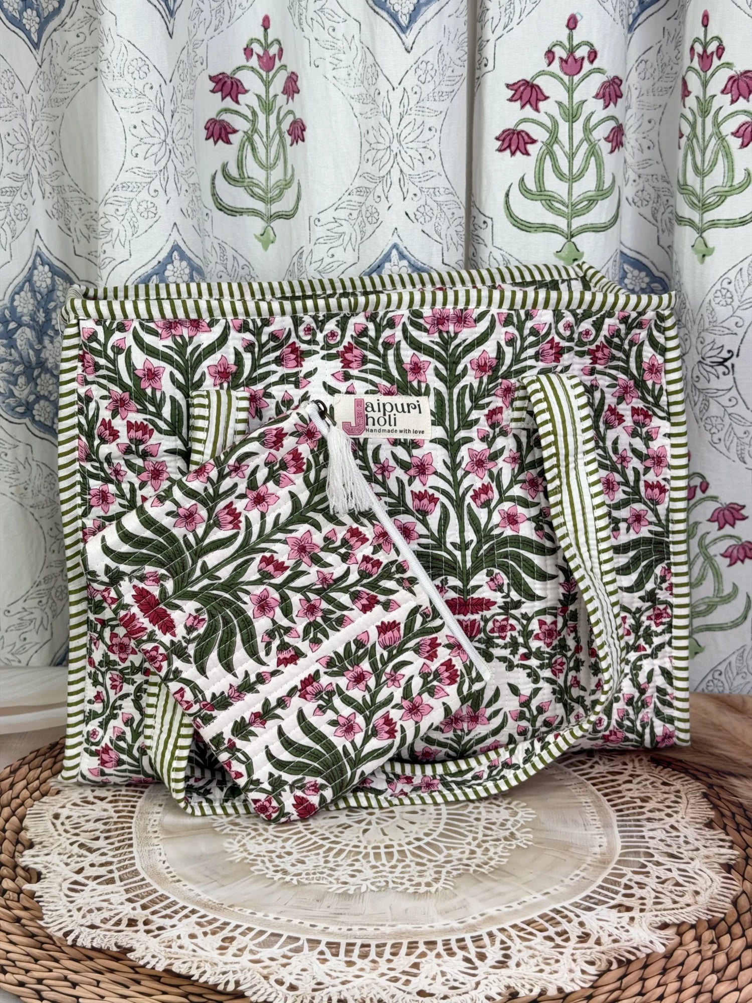 Jaipur block print cotton quilted medium zip tote bag with matching flat pouch, pink floral and green leaf print, 15 × 12 × 6 inch tote with 9 × 7 inch flat pouch for travel, office and daily use side view
