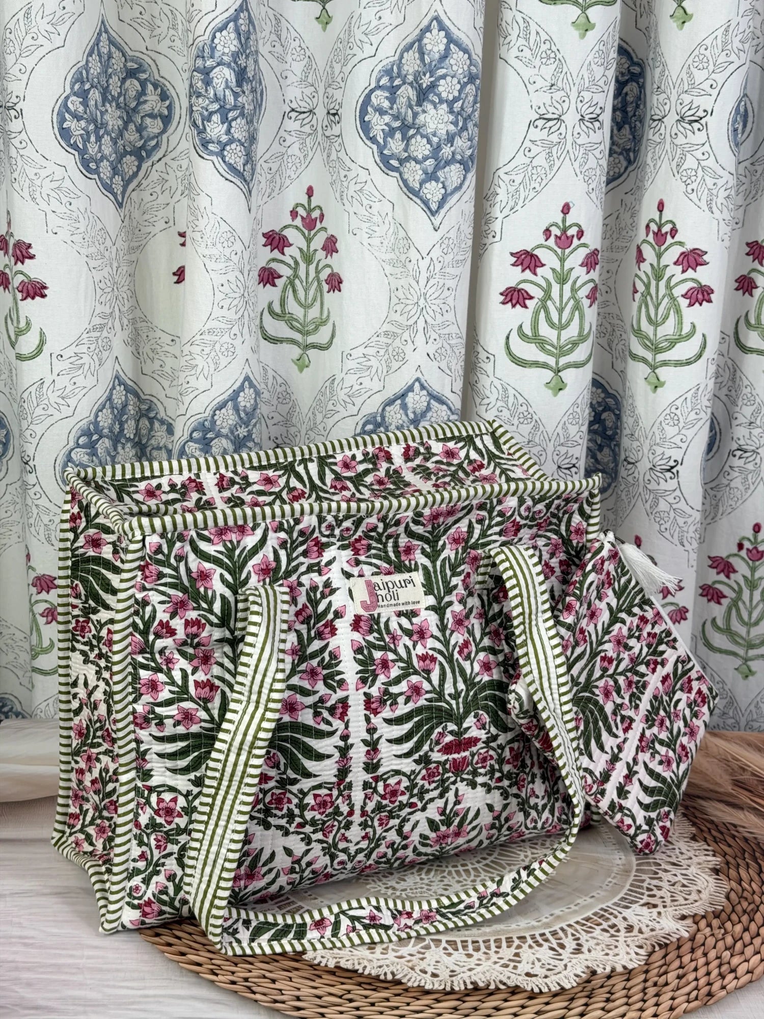 Jaipur block print cotton quilted medium zip tote bag with matching flat pouch, pink floral and green leaf print, 15 × 12 × 6 inch tote with 9 × 7 inch flat pouch for travel, office and daily use back view