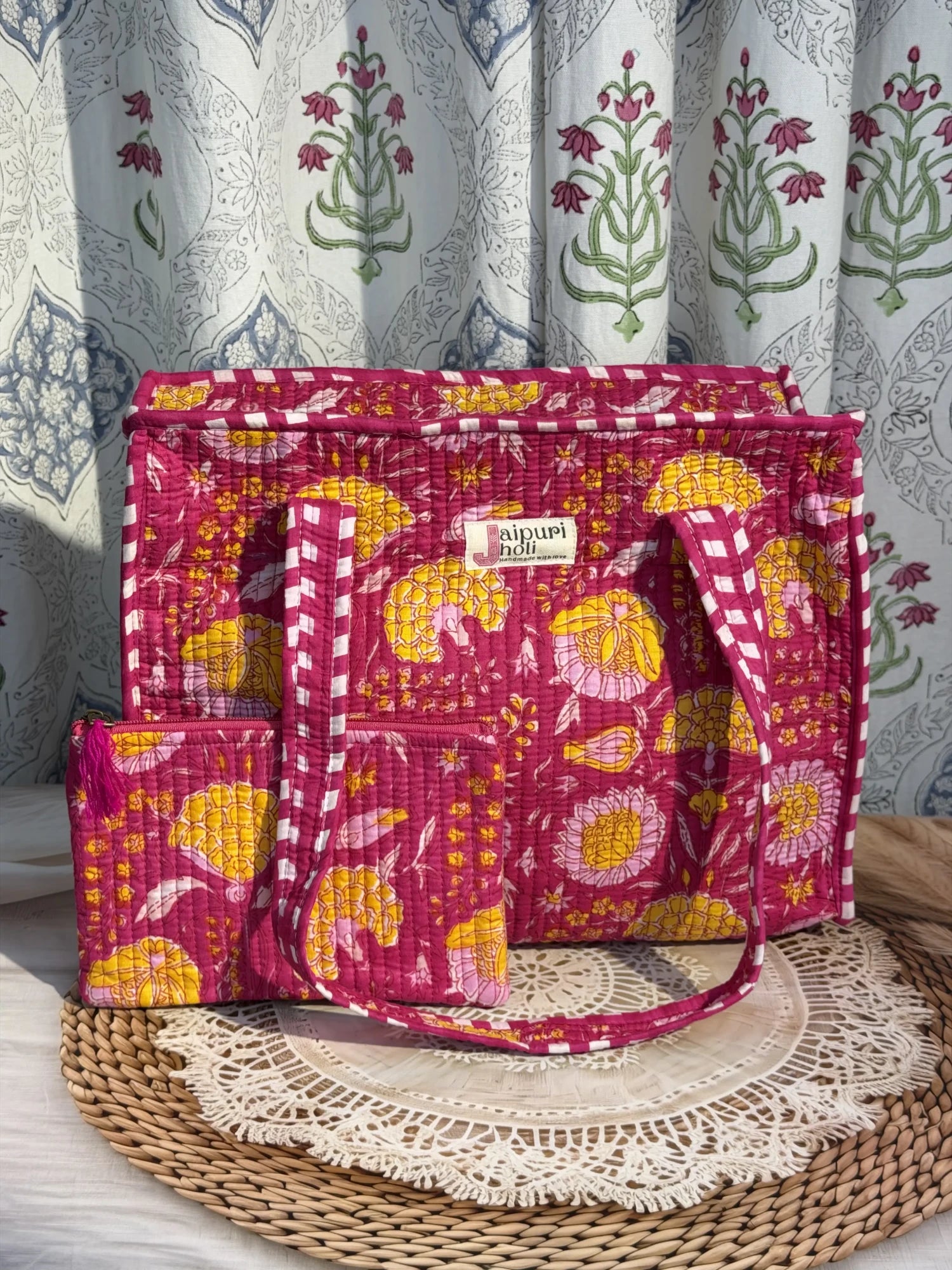 Jaipur block print cotton quilted medium zip tote bag with matching flat pouch, pink floral print, 15 × 12 × 6 inch tote with 9 × 7 inch flat pouch for office, shopping and everyday use back view