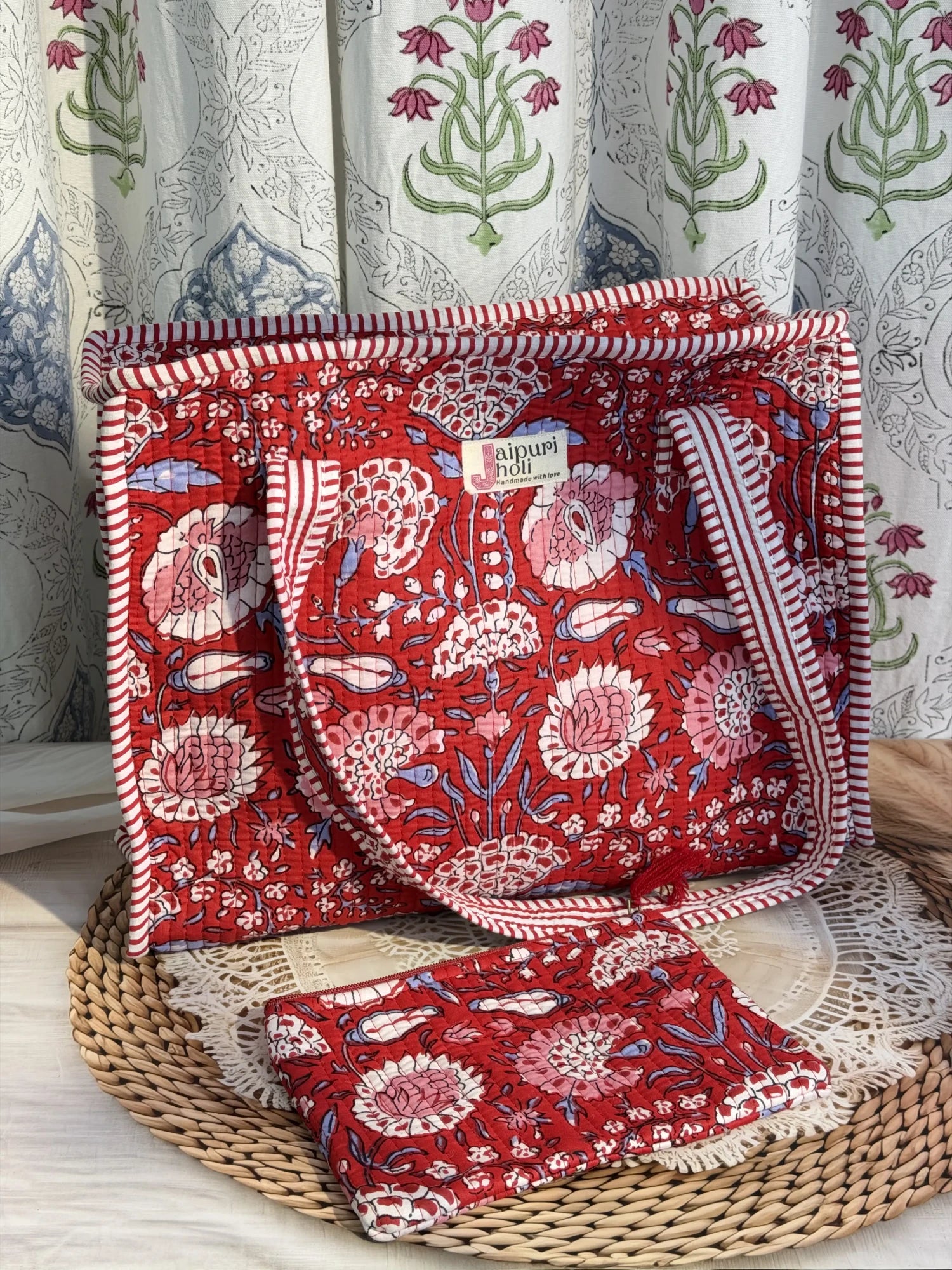 Jaipur block print cotton quilted medium zip tote bag with matching flat pouch, red floral print, 15 × 12 × 6 inch tote with 9 × 7 inch flat pouch for office, travel and shopping front vew