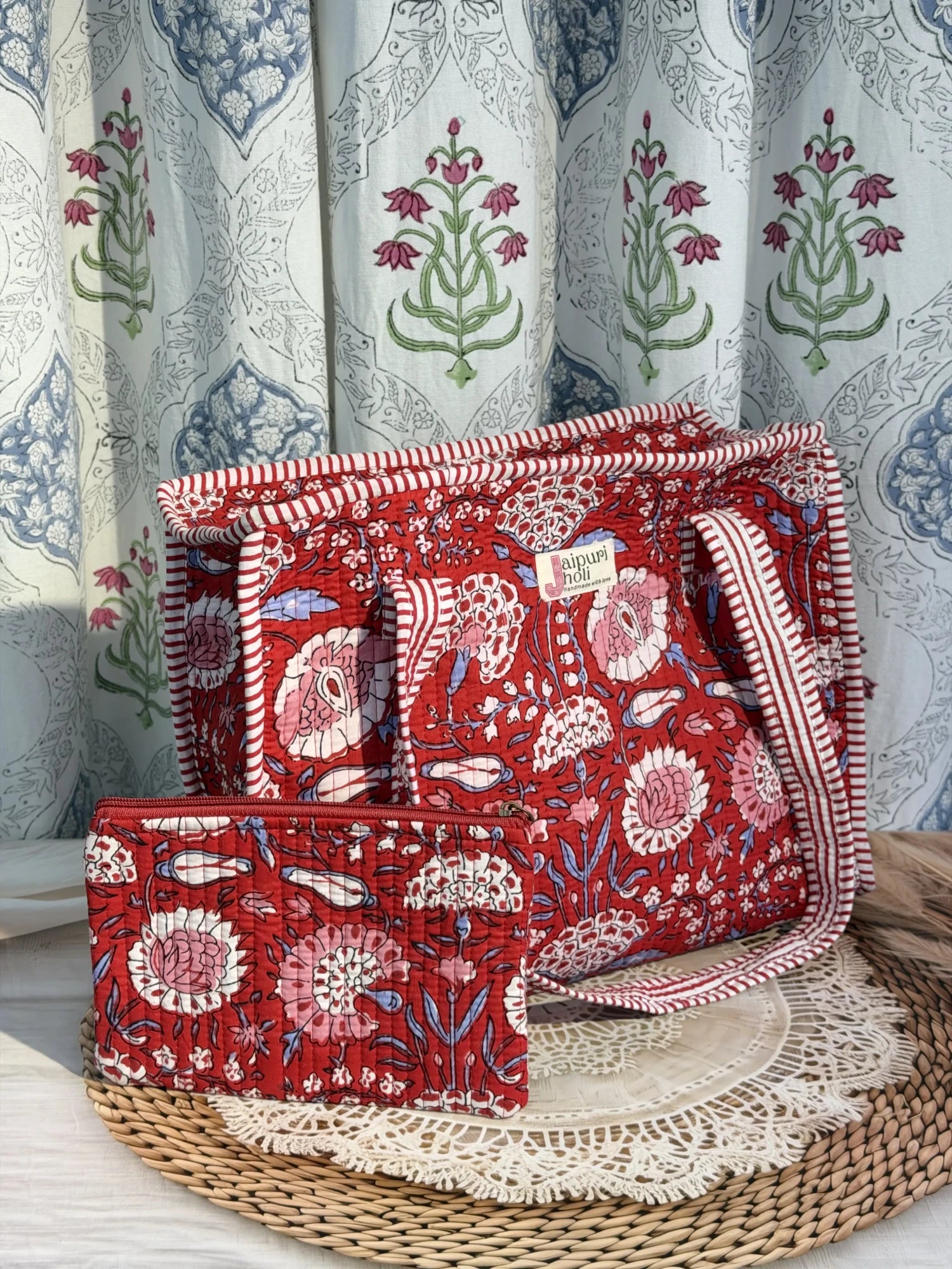 Jaipur block print cotton quilted medium zip tote bag with matching flat pouch, red floral print, 15 × 12 × 6 inch tote with 9 × 7 inch flat pouch for office, travel and shopping side view