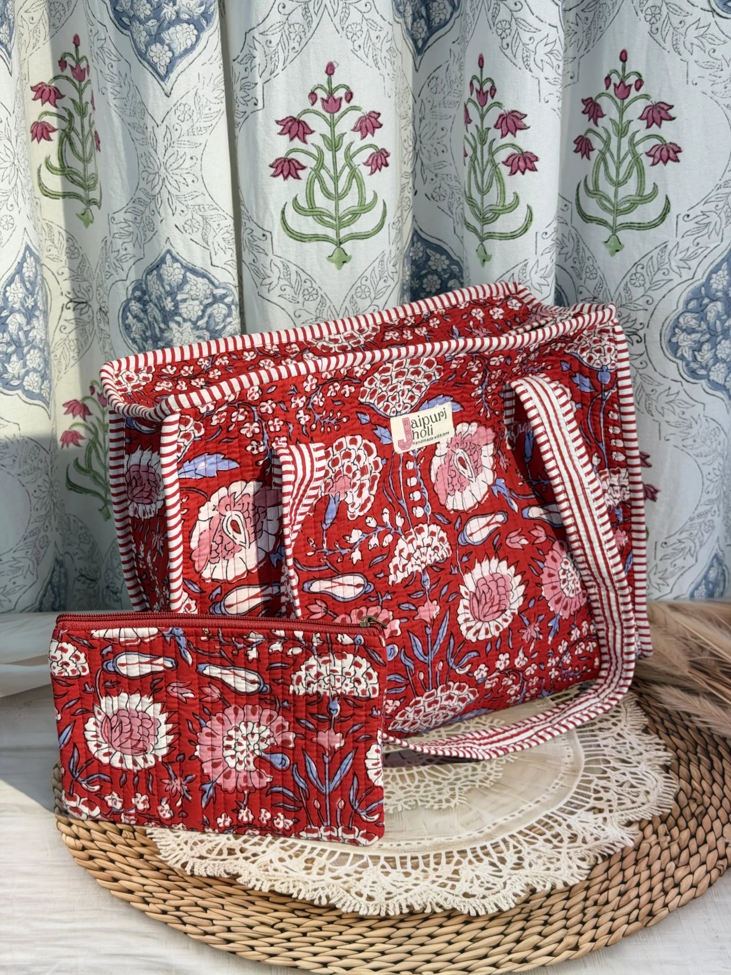 Jaipur block print cotton quilted medium zip tote bag with matching flat pouch, red floral print, 15 × 12 × 6 inch tote with 9 × 7 inch flat pouch for office, travel and shopping back view