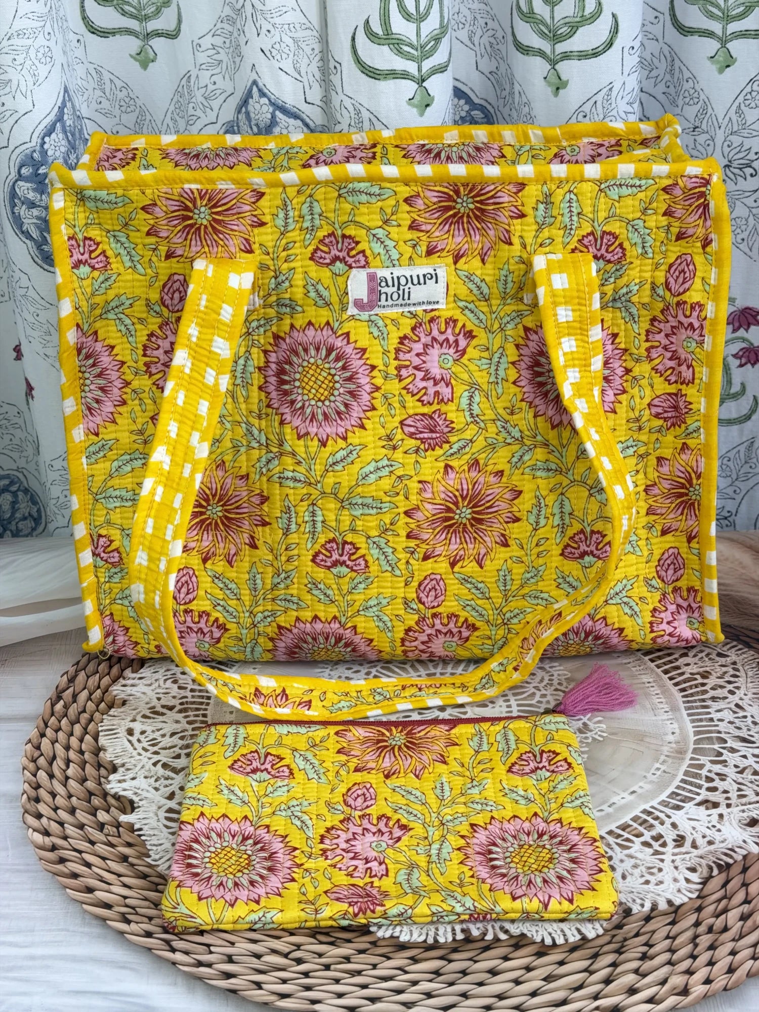Jaipur block print cotton quilted medium zip tote bag with matching flat pouch, yellow floral print, 15 × 12 × 6 inch tote with 9 × 7 inch flat pouch for work, travel and everyday use front view