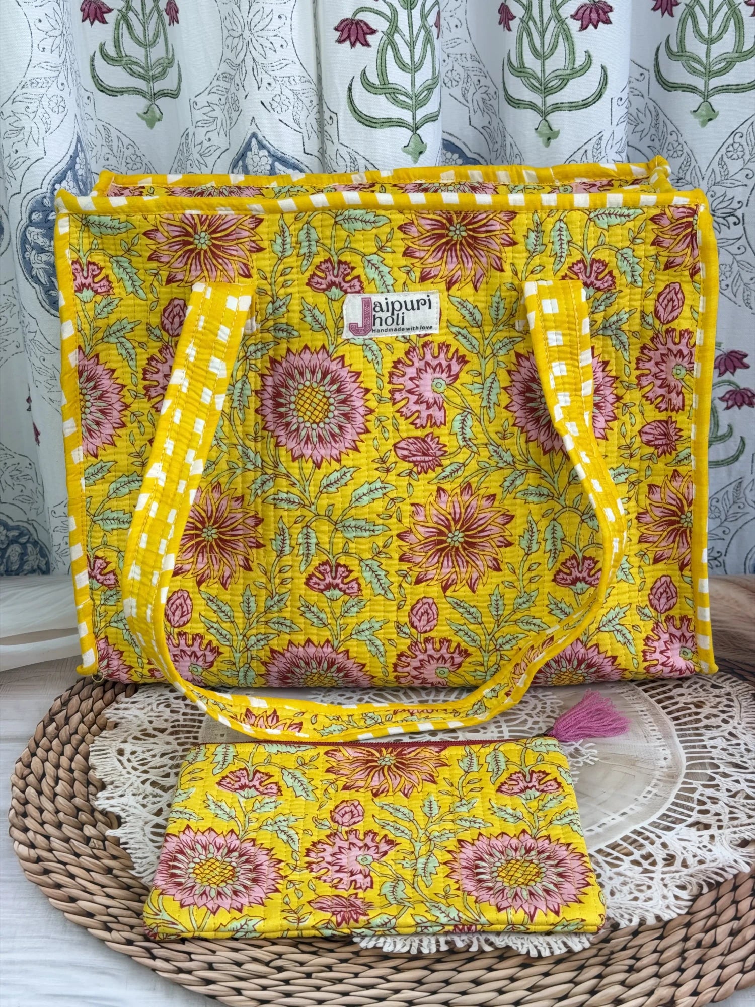 Jaipur block print cotton quilted medium zip tote bag with matching flat pouch, yellow floral print, 15 × 12 × 6 inch tote with 9 × 7 inch flat pouch for work, travel and everyday use side view