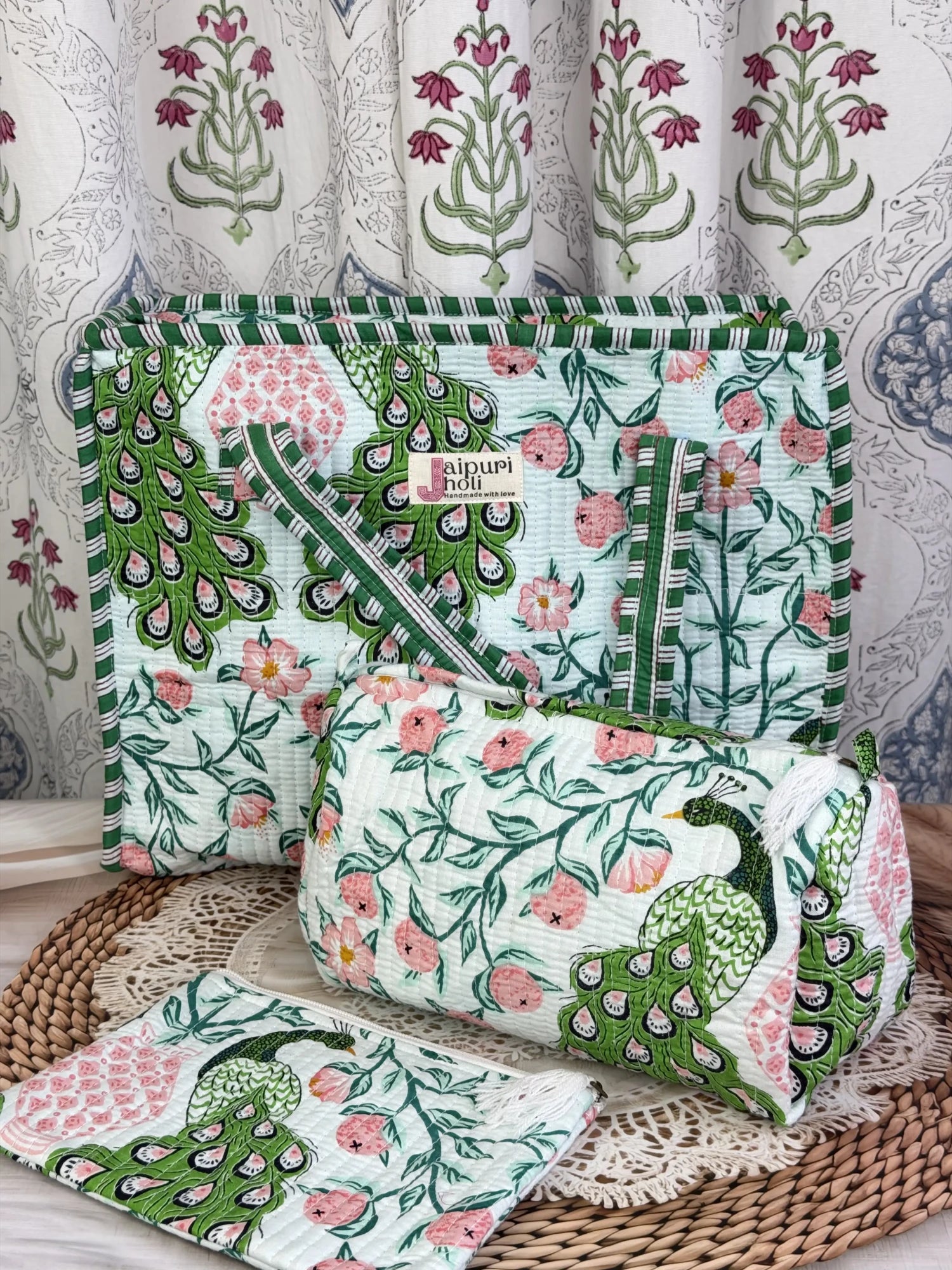 Jaipur block print medium cotton quilted zip tote bag with matching toiletry pouch and flat pouch, green and pink peacock print, 15 × 12 × 6 inch tote, 10 × 6 inch toiletry pouch and 9 × 7 inch flat pouch interior view