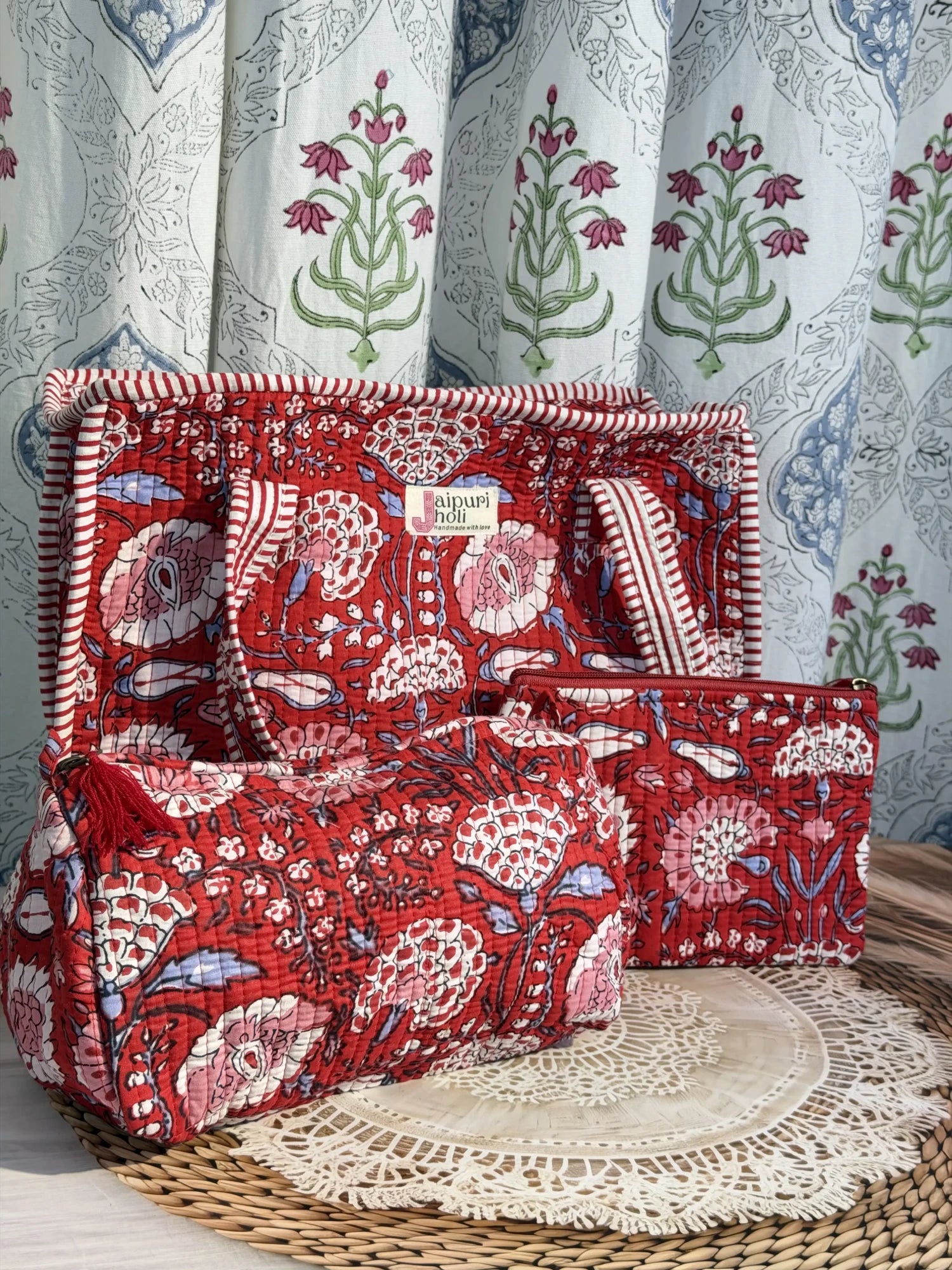 Jaipur block print medium cotton quilted zip tote bag with matching toiletry pouch and flat pouch, red floral print, 15 × 12 × 6 inch tote, 10 × 6 inch toiletry pouch and 9 × 7 inch flat pouch interior view