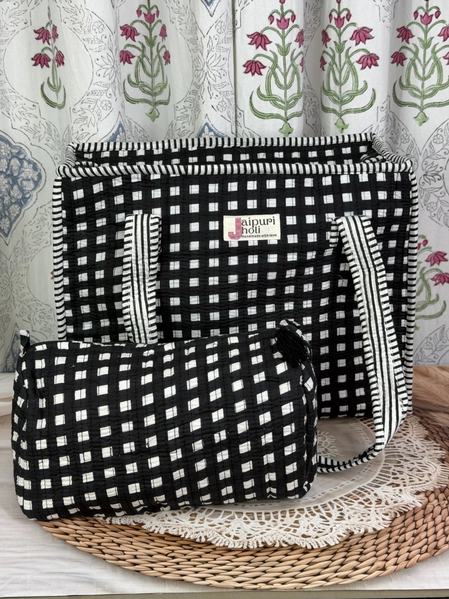 Jaipur block print cotton quilted zip tote bag with matching pouch, black and white geometric check print, 15x12x6 inch tote with 10x6 inch pouch for organizing toiletries, cosmetics and medicines front view
