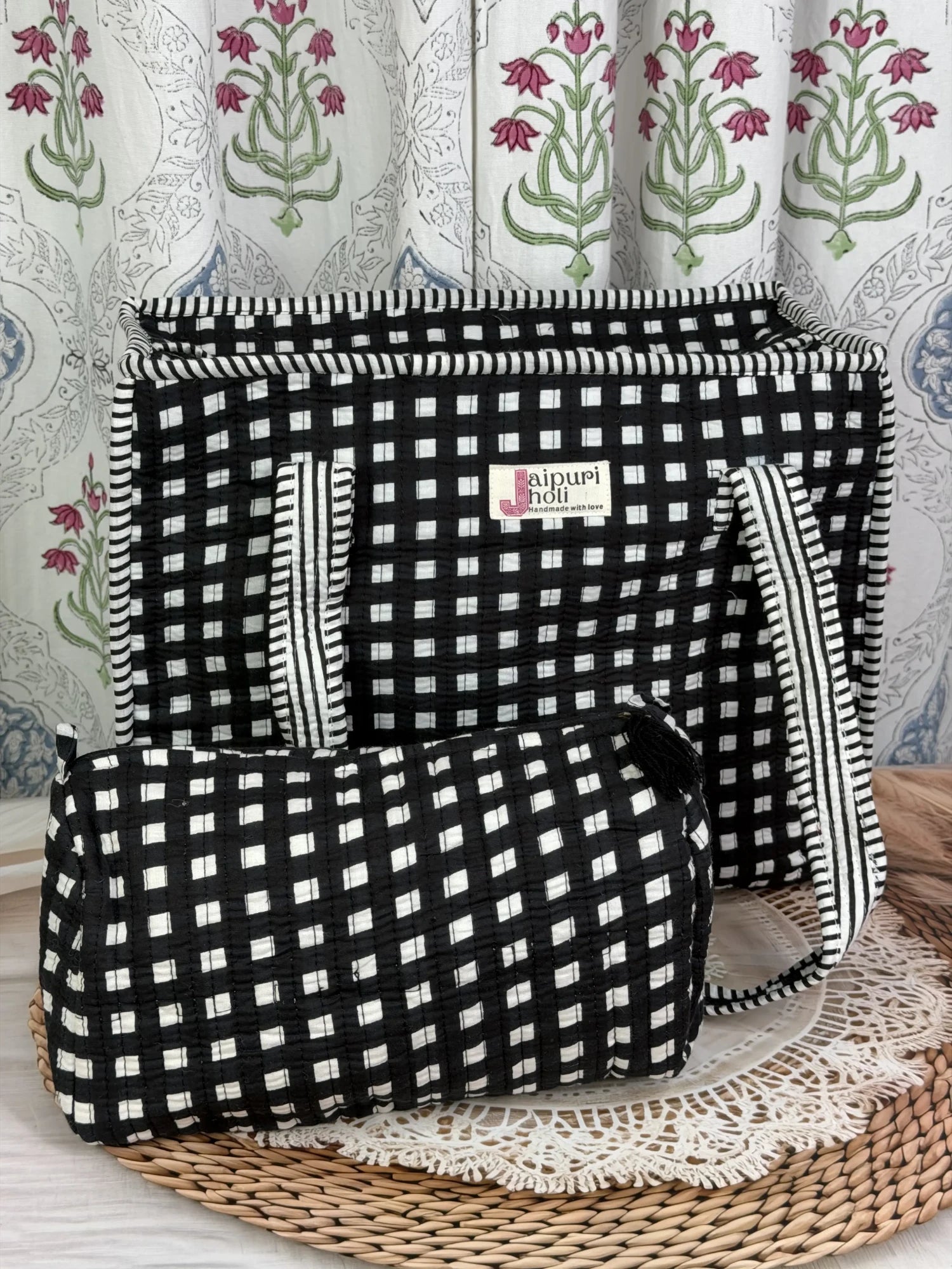 Jaipur block print cotton quilted zip tote bag with matching pouch, black and white geometric check print, 15x12x6 inch tote with 10x6 inch pouch for organizing toiletries, cosmetics and medicines back view