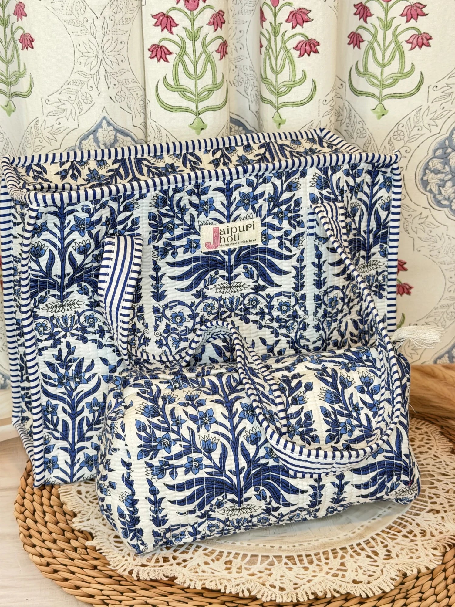 Jaipur block print cotton quilted zip tote bag with matching pouch, blue floral and leaf print, 15x12x6 inch tote with 10x6 inch pouch for keeping toiletries, cosmetics and medicines organized back view