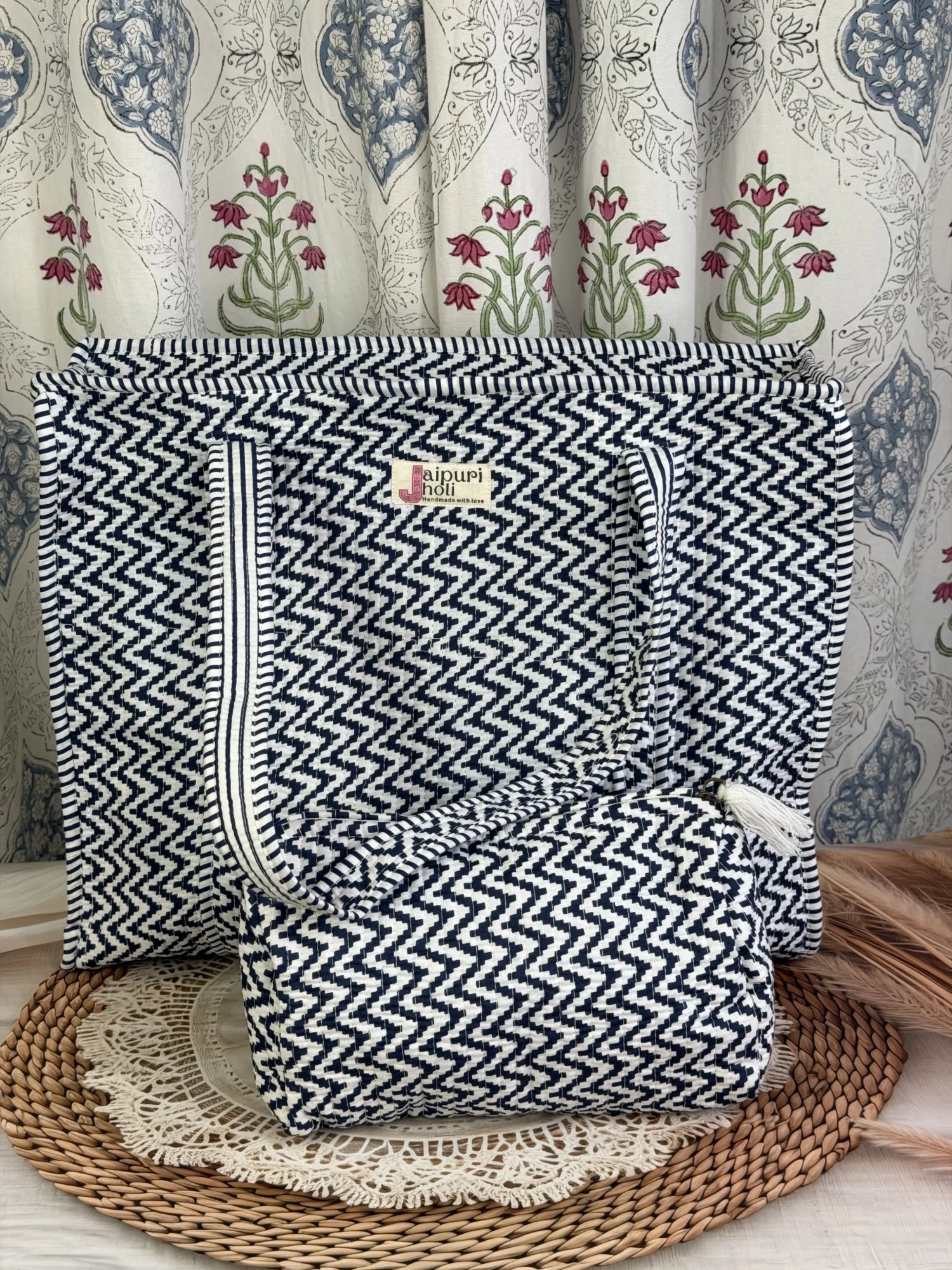 Jaipur block print cotton quilted zip tote bag with matching pouch, blue and white geometric zigzag print, 15x12x6 inch tote with 10x6 inch pouch for organizing toiletries, cosmetics and medicines during travel side view