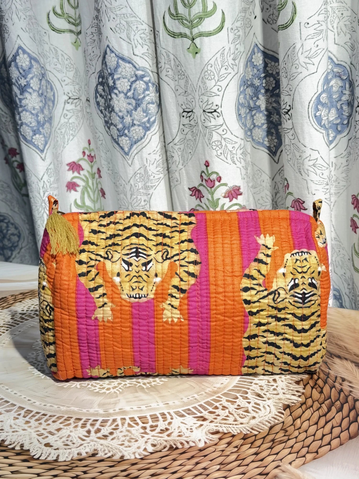 Jaipur block print cotton quilted zip tote bag with matching pouch, orange and pink tiger animal print, 15x12x6 inch tote with 10x6 inch pouch for storing toiletries, cosmetics and medicines side view